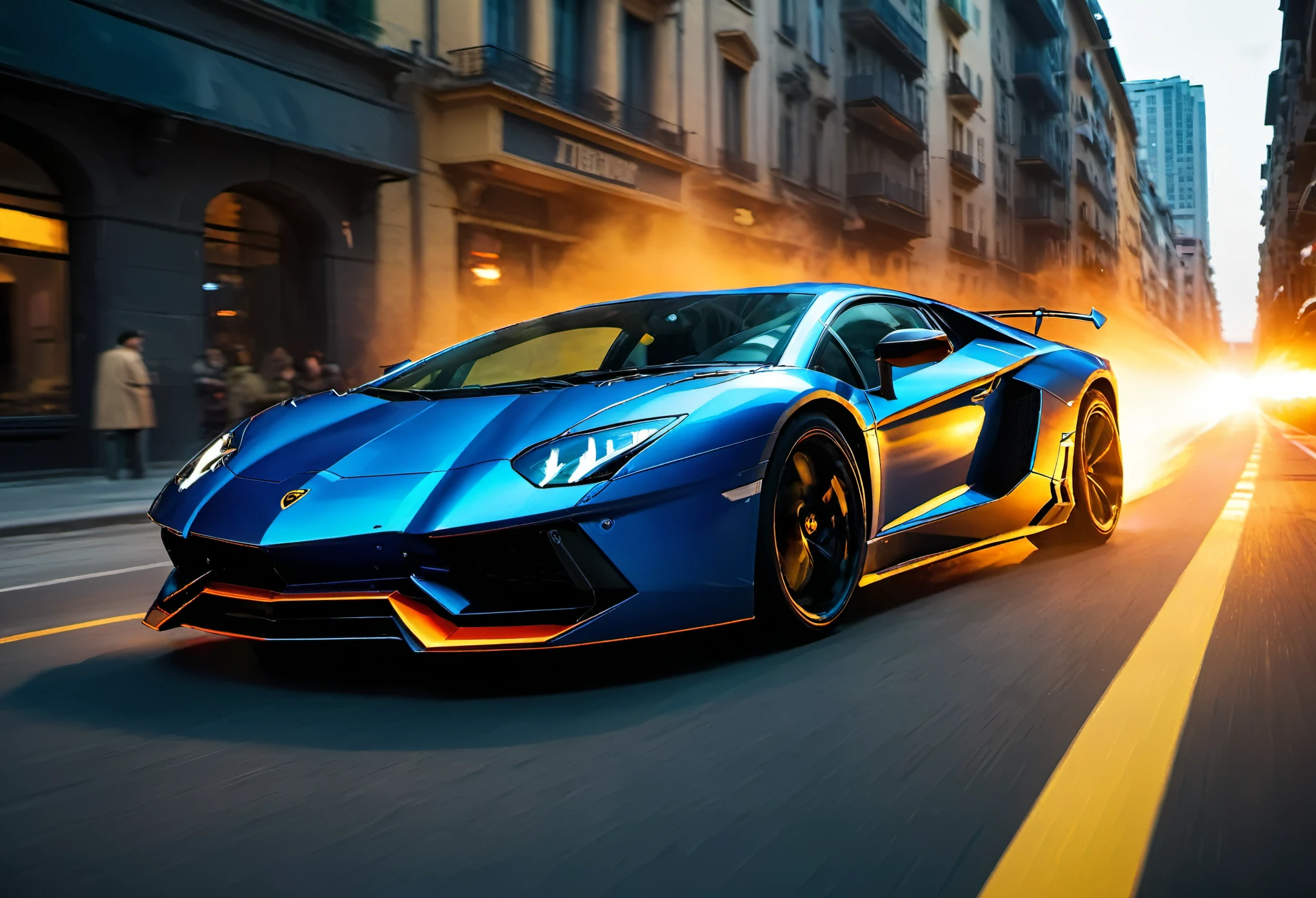 action-packed scene, a lamborghini aventador intense lighting, dynamic camera angles, cinematic experience, fast-paced motion, dramatic composition, vivid colors, high-res visuals, dramatic storytelling, wide cinematic shots, immersive atmosphere