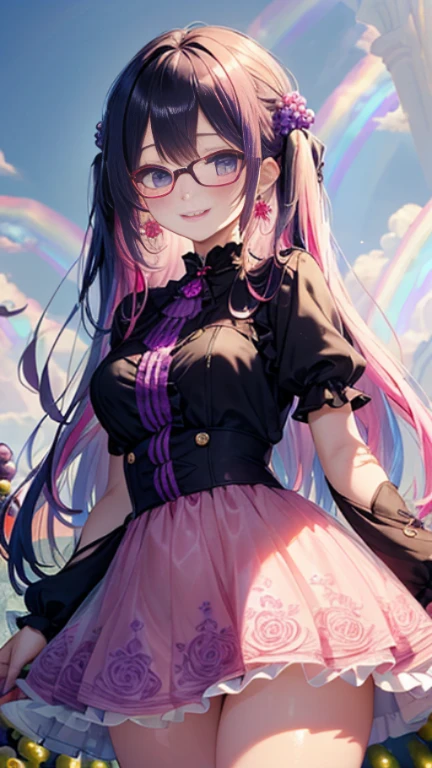 小さなgirl、Glasses、petal、Thick thighs、Big Ass、 (alone:1.5,)Very detailed,Bright colors, Very beautiful detailed anime faces and eyes, Look straight ahead, Shiny_skin,girl,(((long hair、Rainbow Hair, Colorful Hair, Half black、Half pink hair: 1.2)))  、Forehead is exposed.、Shiny hair, Delicate beautiful face, blush、(Turquoise Eyes), White skin, Valletta, Earrings,、blue flower field、(((See-through、Pink ruffled dress with grape pattern、Purple Mini Skirt)))、Twin tails、smile、smile、Face dyed red