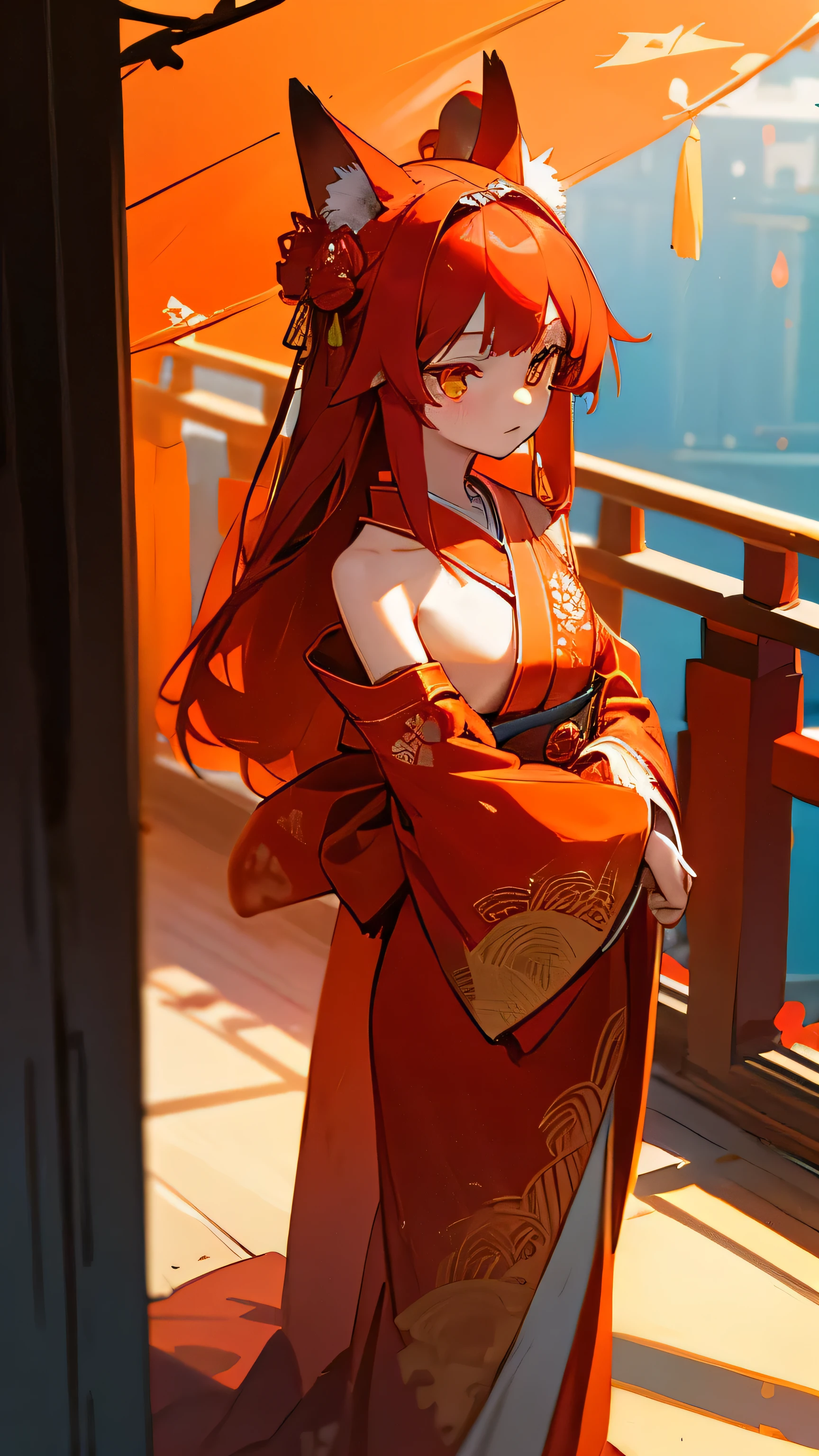 A cute girl with orange fox ears，A pair of ruby eyes，Long straight hair，Delicate headdress in the shape of red flowers，A red kimono embroidered with gold patterns，Show your shoulders，The ribbon flowes，Standing in an antique promenade