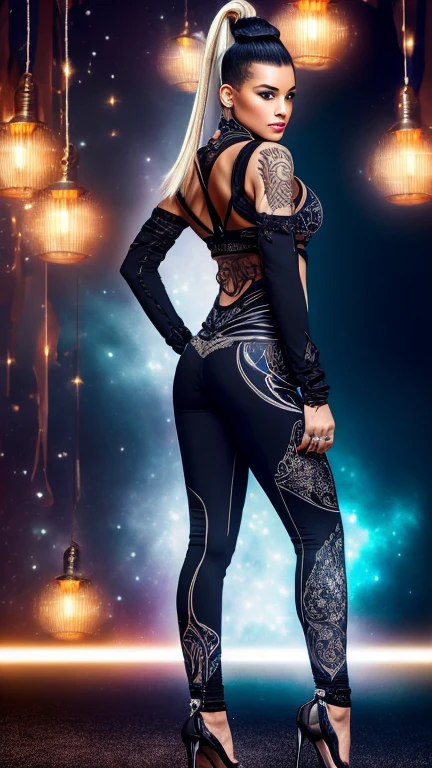 High-resolution ultra detailed photography and ultra detailed representation of the body and face of a 35 year old light-skinned woman with a muscular feminine figure, full body pose swinging dancing in a clearing at night and a starry sky looking into the camera, clothing biomechanical women's vest with zippers and a biomechanical leggings and biomechanical high Heels, clothes in ying and yang styles and colors, hairstyle braided mohawk haircut, bright colored Japanese large tattoos, Model has a tall height Full body