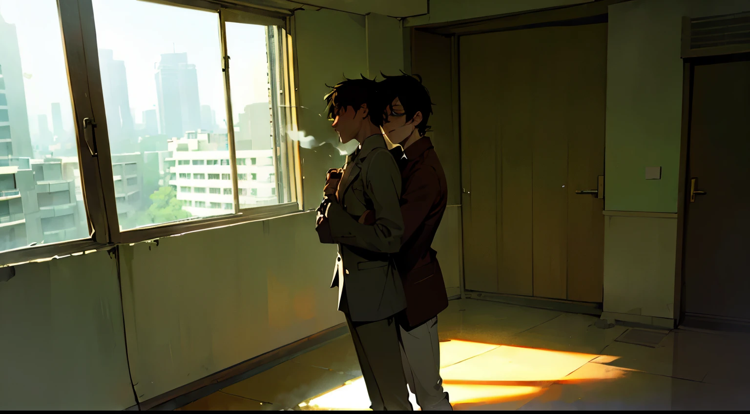 (best quality,ultra-detailed,realistic:1.37), The persons is standing by the window,with wide angle lens, The persons is standing by the window,, with horizontal screen, widen in front, The room was bare, with no furniture or luggage, and the balcony had a balcony with silhouettes of buildings in the Shinjuku subcenter in the distance, and the afternoon sun was shining in through the windows. Two young men are smoking cigarettes and one is hugging the other from behind , humor,comic style,bold lines, modern gay romance, comic style,bold lines,playful colors,vibrant colors, soft lighting, depth of emotions, tender gazes, longing for connection, raw and honest, LGBTQ+ representation, urban setting, authentic expressions, compelling storytelling, dramatic composition,