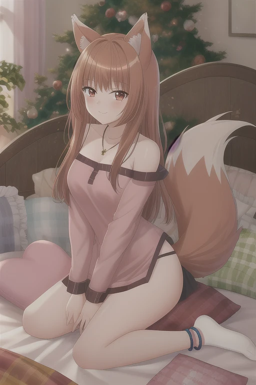 masterpiece,Best quality,holo, 1girl, solo, long_hair, breasts, looking_at_viewer, blush, smile, bangs, skirt, brown_hair, shirt, red_eyes, long_sleeves, dress, ribbon, animal_ears, bare_shoulders, , medium_breasts, very_long_hair, closed_mouth, , tail, full_body, small_breasts, fang, shiny, indoors,, off_shoulder, legs, shiny_skin, ,, arm_support, wolf_ears,, wolf_tail, side_slit, pouch, , anklet, , wolf_girl, basket, body_blush, ,(pillow),cushion,(many pillows,bed),pillow humping,humping,luxury bed,luxury pillows,many pillows,posing on pillow,Pigment burst Art NY,White socks,Stockings,sock,sitting on pillows