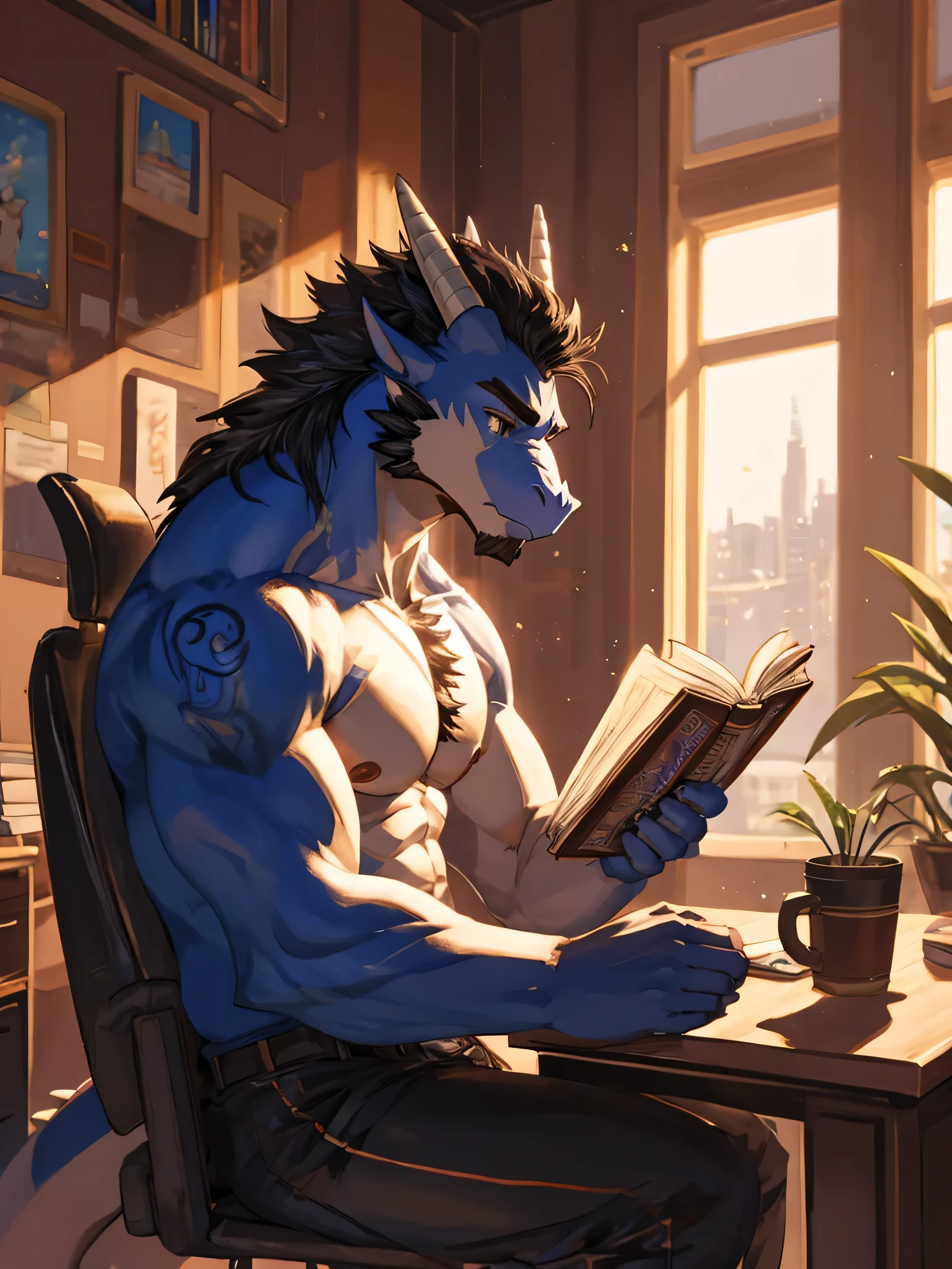 dragon, blue skin, white chest, black wavy crest, black beard, anthropomorphic dragon, furry, shirtless, ripped pants, sitting at a desk, reading, office, (detailed eyes), Chest with black hair, concentrated, mature, Nordic tattoos, short wavy crest