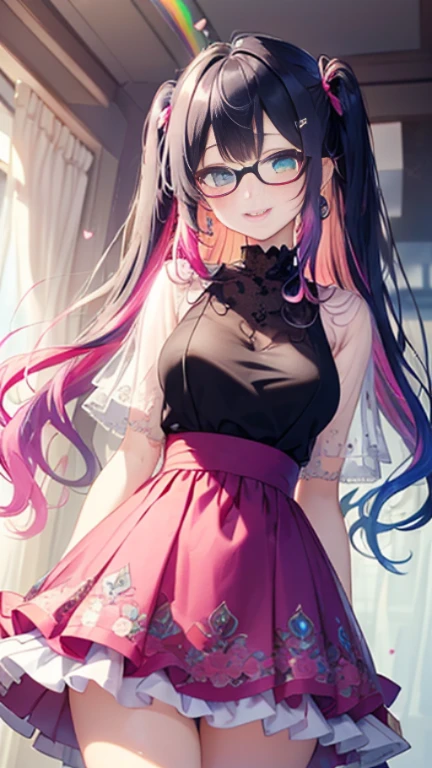 小さなgirl、Glasses、petal、Thick thighs、Big Ass、 (alone:1.5,)Very detailed,Bright colors, Very beautiful detailed anime faces and eyes, Look straight ahead, Shiny_skin,girl,(((long hair、Rainbow Hair, Colorful Hair, Half black、Half pink hair: 1.2)))  、Forehead is exposed.、Shiny hair, Delicate beautiful face, blush、(Turquoise Eyes), White skin, Valletta, Earrings,、blue flower field、(((See-through、Pink ruffled dress with grape pattern、Black mini skirt)))、Twin tails、smile、smile、Face dyed red