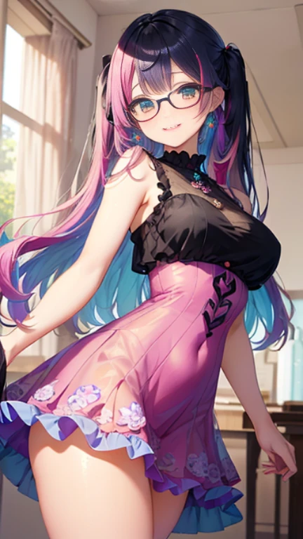 小さなgirl、Glasses、petal、Thick thighs、Big Ass、 (alone:1.5,)Very detailed,Bright colors, Very beautiful detailed anime faces and eyes, Look straight ahead, Shiny_skin,girl,(((long hair、Red Hair,: 1.2))) 、forehead is exposed.、Shiny hair, Delicate beautiful face, blush、(Turquoise Eyes), White skin, Valletta, Earrings,、blue flower field、(((See-through、Pink ruffled dress with grape pattern、Purple Mini Skirt)))、Twin tails、smile、smile、Face dyed red