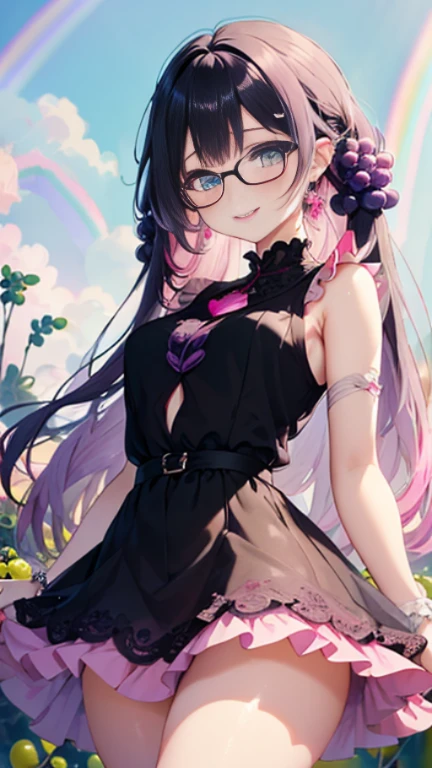 小さなgirl、Glasses、petal、Thick thighs、Big Ass、 (alone:1.5,)Very detailed,Bright colors, Very beautiful detailed anime faces and eyes, Look straight ahead, Shiny_skin,girl,(((long hair、Rainbow Hair, Colorful Hair, Half black、Half pink hair: 1.2)))  、Forehead is exposed.、Shiny hair, Delicate beautiful face, blush、(Turquoise Eyes), White skin, Valletta, Earrings,、blue flower field、(((See-through、Pink ruffled dress with grape pattern、Black mini skirt)))、Twin tails、smile、smile、Face dyed red
