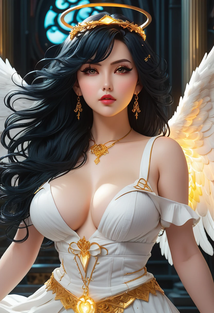 In a mesmerizingly portrayal, thick women busty, a glam-goth goddess angel her Age 28, clean skin,pretty hair, midriff,bioluminescent, trending on cgsociety, epic, trending on artstation, highly detailed, vibrant, production cinematic character render, ultra-high-quality model, golden ratio manhwa, manhua, background mysterious, does not produce same pose when remixed.