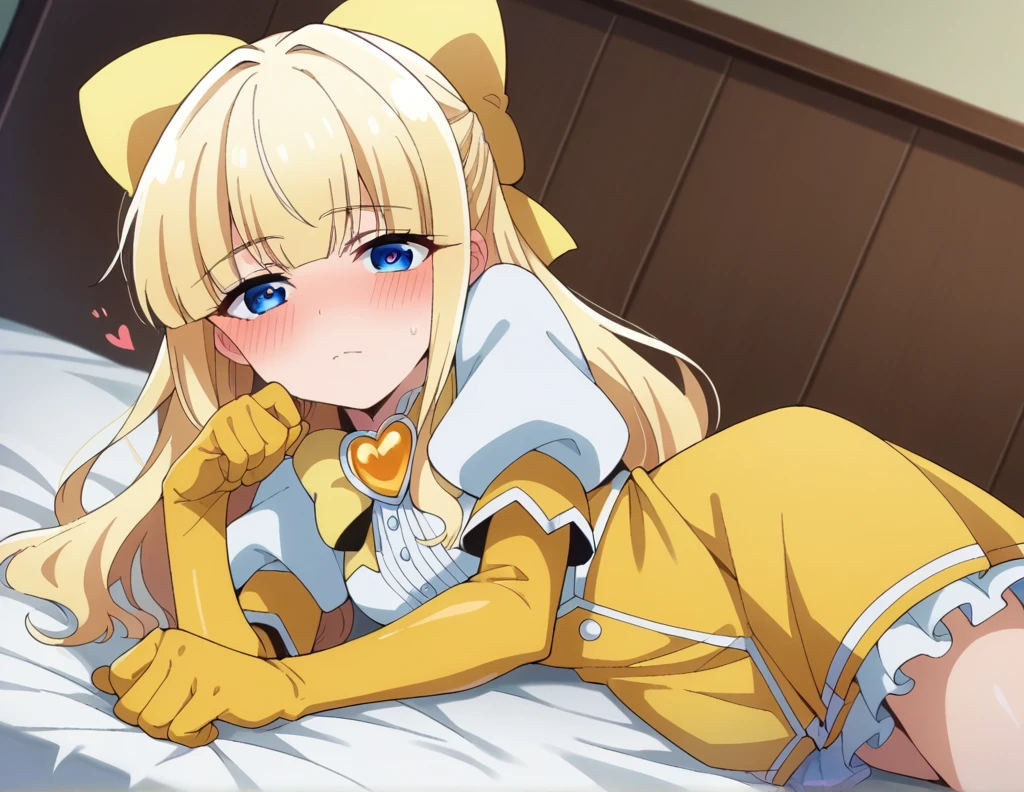 score_9, score_8_up, score_7_up, source_anime,
kaorukotenkawa, kaoruko tenkawa, long hair, blue eyes, blonde hair, bow, hair bow, yellow bow,
gloves, dress, heart, elbow gloves, magical girl, yellow gloves,
indoors, bed, bed room, on side, blush, drunk,
looking at viewer, dutch angle, cowboy shot