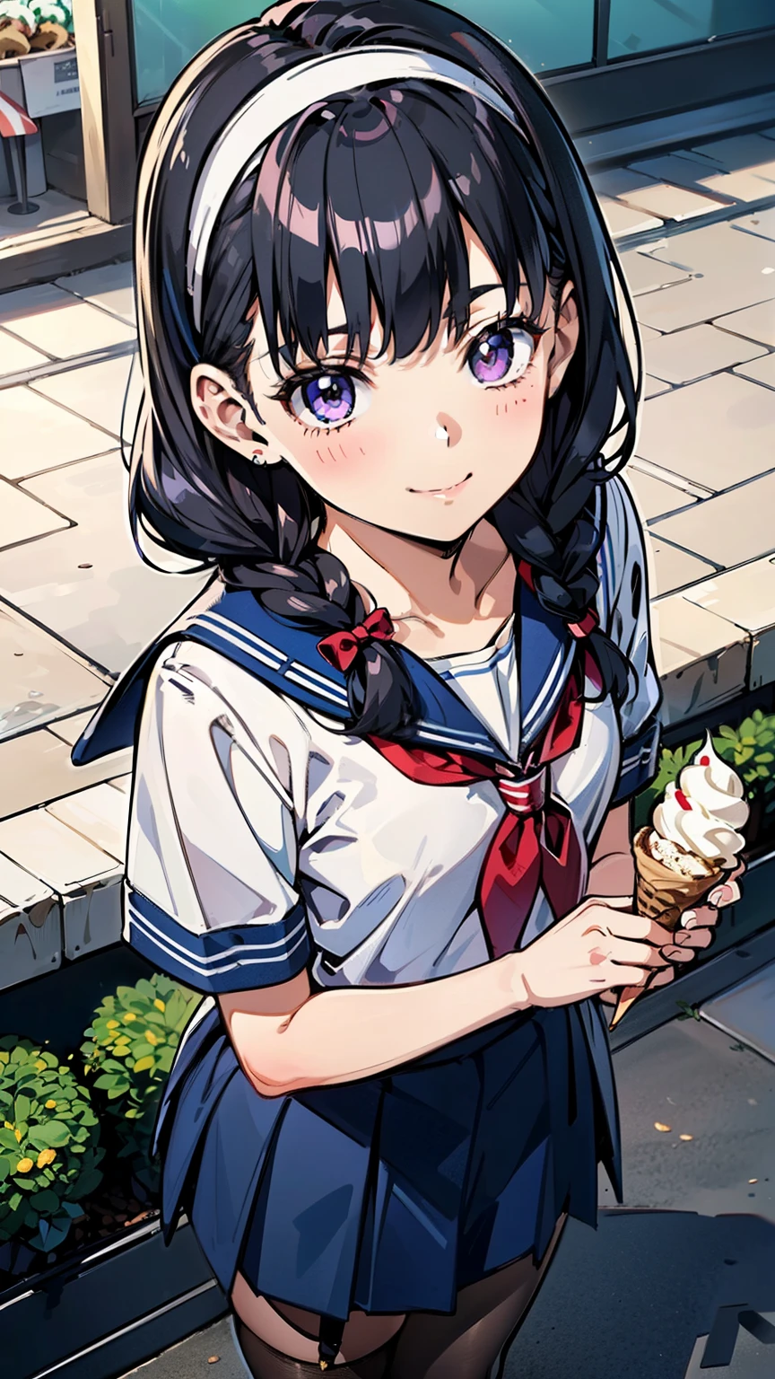 sailor uniform, sailor suit, one woman, (a beauty woman, delicate schoolgirl:1.3), 8K, highest quality, masterpiece, Very detailed, Ultra-high resolution, Realistic, RAW Photos, Absolute Resolution, Black Hair, Braided Hair, small face compared to body, very small face, Black Hair, Navy blue sailor suit, Navy Blue Skirt, High school girl in sailor suit, Anime 2D rendering, Realistic若いアニメの女子高生, , ((White headband)), position looking down from above, Small breasts, tall, Slanted Eyes, Purple Eyes, Black Stockings, garter belt, smile, Open Terrace, (Hold the soft-serve ice cream in both hands:1.3),