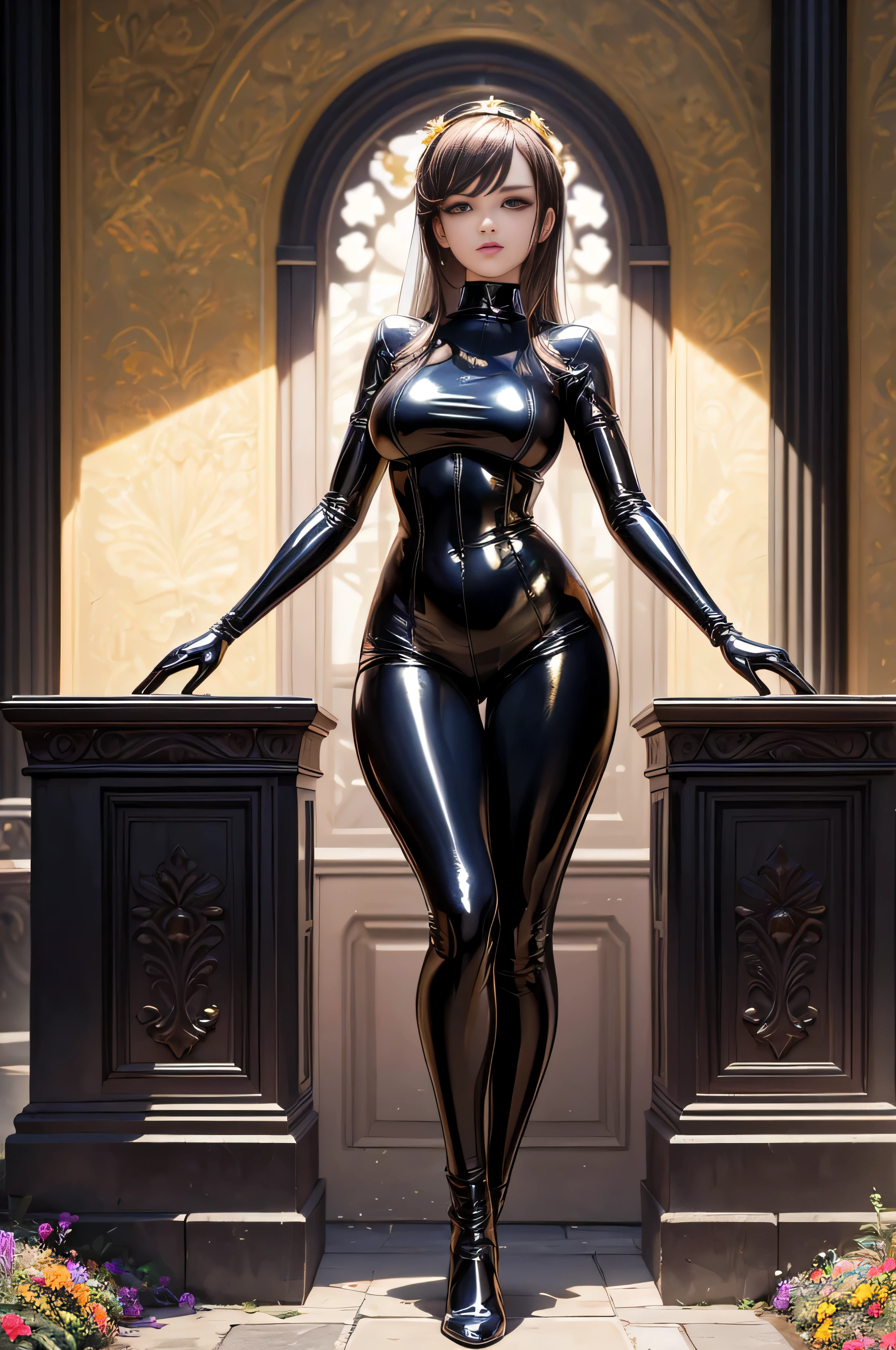(((best quality))), (((masterpiece))), solo, super fine photo, full body picture Unreal Engine 5 8K UHD, beautiful girl, face detailed, wearing skin tight latex catsuit with gold lace, latex collar, latex gloves, latex long socks with straps, arm and leg cuffs, unified 8k wallpaper, hyper detailed, sharp focus, standing in the flower garden.