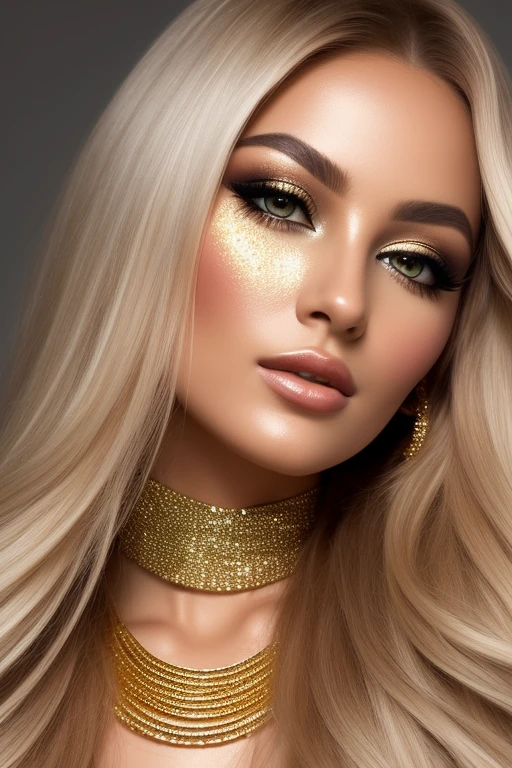 Full body portrait of a beautiful ethereal woman, her very long gold hair cascading down in soft waves, framing a face of extreme detail and elegance. Her eyes, big and colorful, boast three gradient silver shades of eyeshadow and eyeliner, accentuating her double eyelids and long lashes. Rosy cheeks adding a touch of warmth to her ethereal beauty, and her skins glossy texture shines in the cinematic light, highlighting each and every realistic pore and Wrinkle. Full lips adorned with golden glitter on her silver lipstick, complementing the gold and silver jewels she wears around her neck and wearing a scarf,she is the elemental goddess of Gold,Goddess makeup,perfect anatomy,perfect proportion,long legs,super model figure,36-24-36,golden ratio,