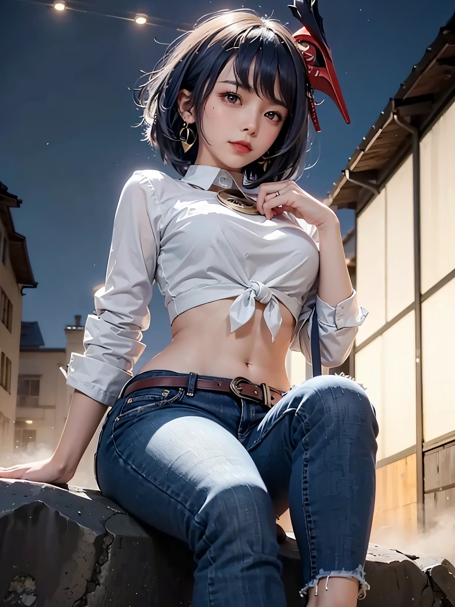 1girl, (long sleeved tied business shirt, skinny long jeans, iron belt, heels, big earrings), ((midriff, navel)), looking at viewer, evil smile, night, sit on stone, from below, (cinematic lighting, best quality, masterpiece, high details, best quality, highres, HD, 4K, 8k, super detail), (kujou sara:1.3), mask on head, blue hair, short hair, yellow eyes, 