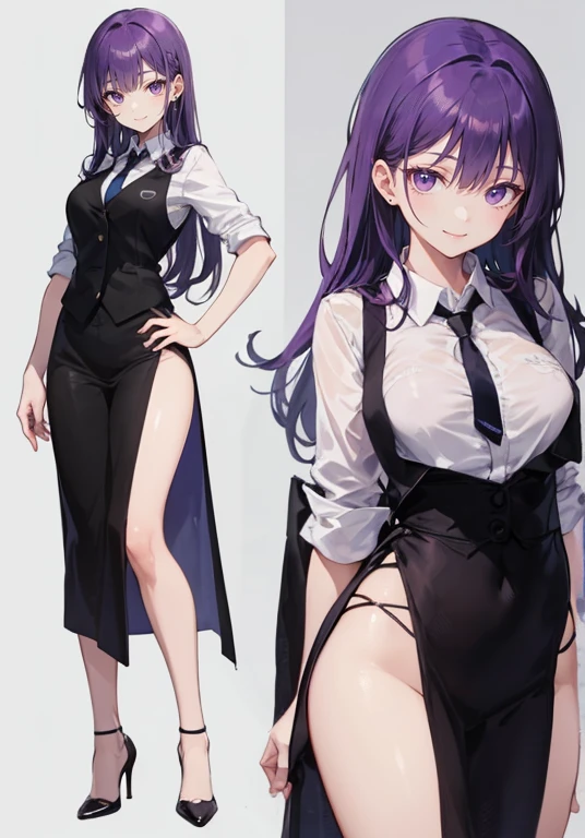 ((Perfect Face)),Purple Hair,Long Hair,1 female,bartender,Black vest,Shirt with rolled up sleeves,tie,slit,High heels,,((Simple Background)),smile,((whole body)),((whole body)),Portraiture,virtual,upright,,Standing upright with face and body facing forward,