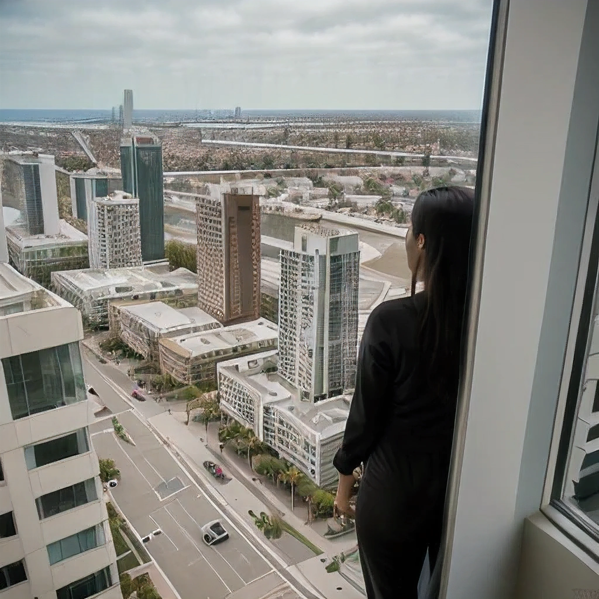 Take a photo of Long Beach seen from the window of a tall building in the United States