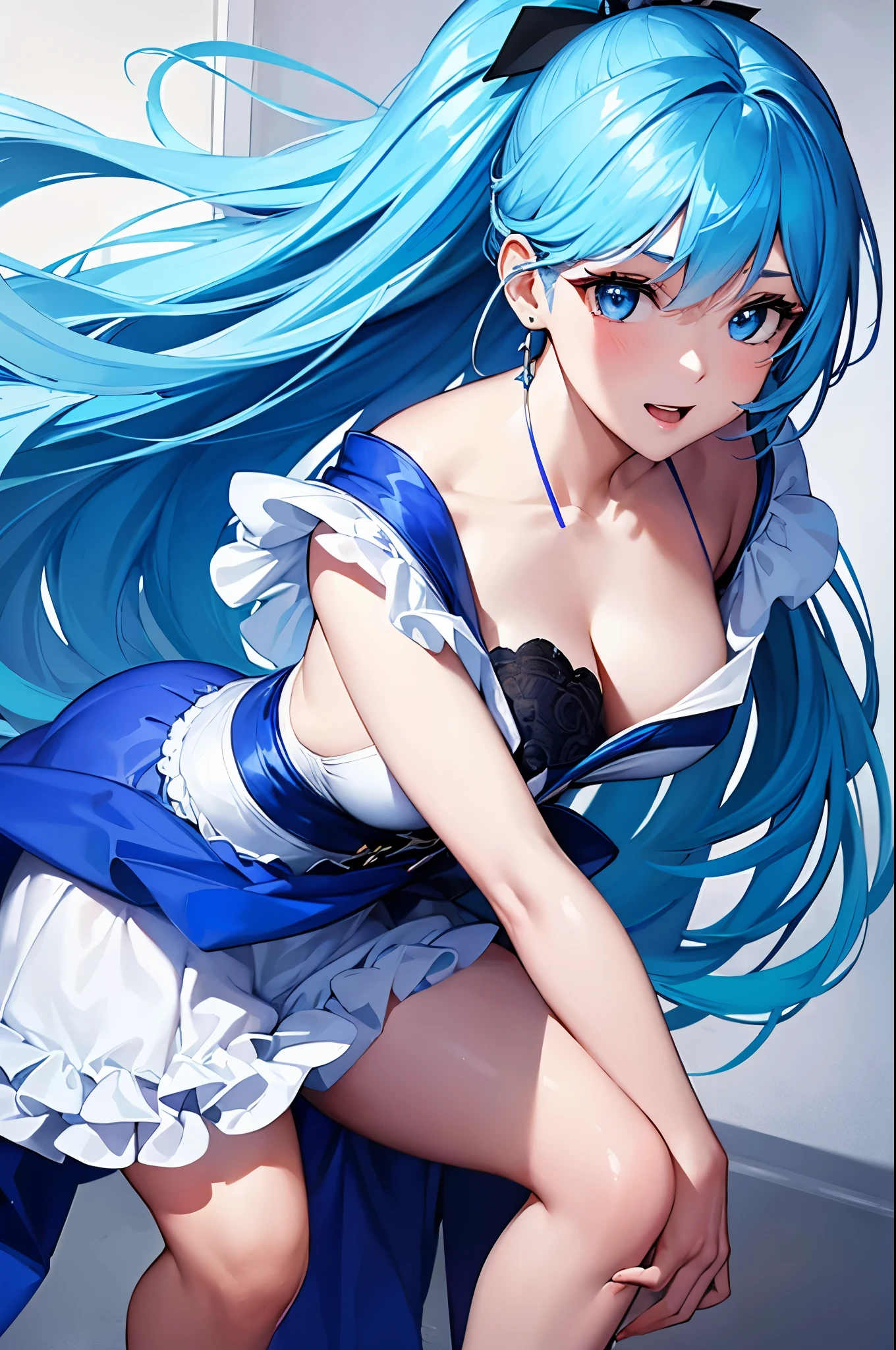 8k,Close-up of a woman in a blue and white dress,Blue Hair, so beautiful,(Like the real thing)blue eyes,ponytail,Pan Zhenwei Art Station、 Jean J..、 Detailed fantasy art、Amazing character art、 Fan Art Best Art Station、 Incredibly detailed character art、Highly detailed artwork、 Detailed digital animation art、 ArtStation Pixiv の Artgerm、 Girl dressed in blue and white,Dynamic Angle,Ultra-high resolution,Laughter,Like the real thing見える肌,Charm,sexy,Active,