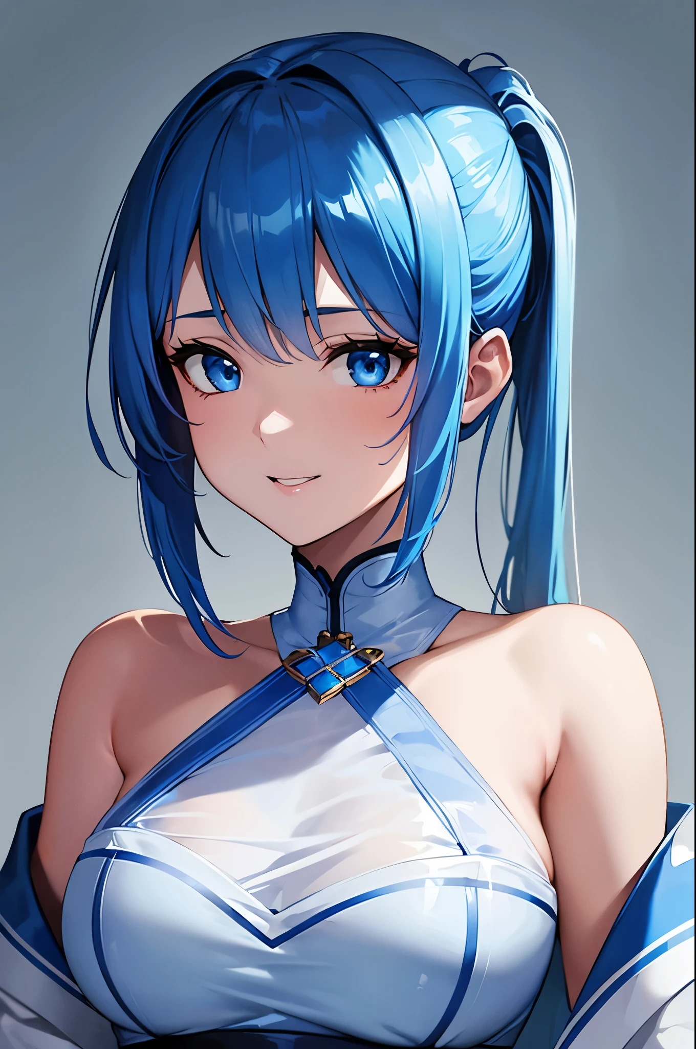 8k,Close-up of a woman in a blue and white dress,Blue Hair, so beautiful,(Like the real thing)blue eyes,ponytail,Pan Zhenwei Art Station、 Jean J..、 Detailed fantasy art、Amazing character art、 Fan Art Best Art Station、 Incredibly detailed character art、Highly detailed artwork、 Detailed digital animation art、 ArtStation Pixiv の Artgerm、 Girl dressed in blue and white,Dynamic Angle,Ultra-high resolution,Laughter,Like the real thing見える肌,Charm,sexy,Active,