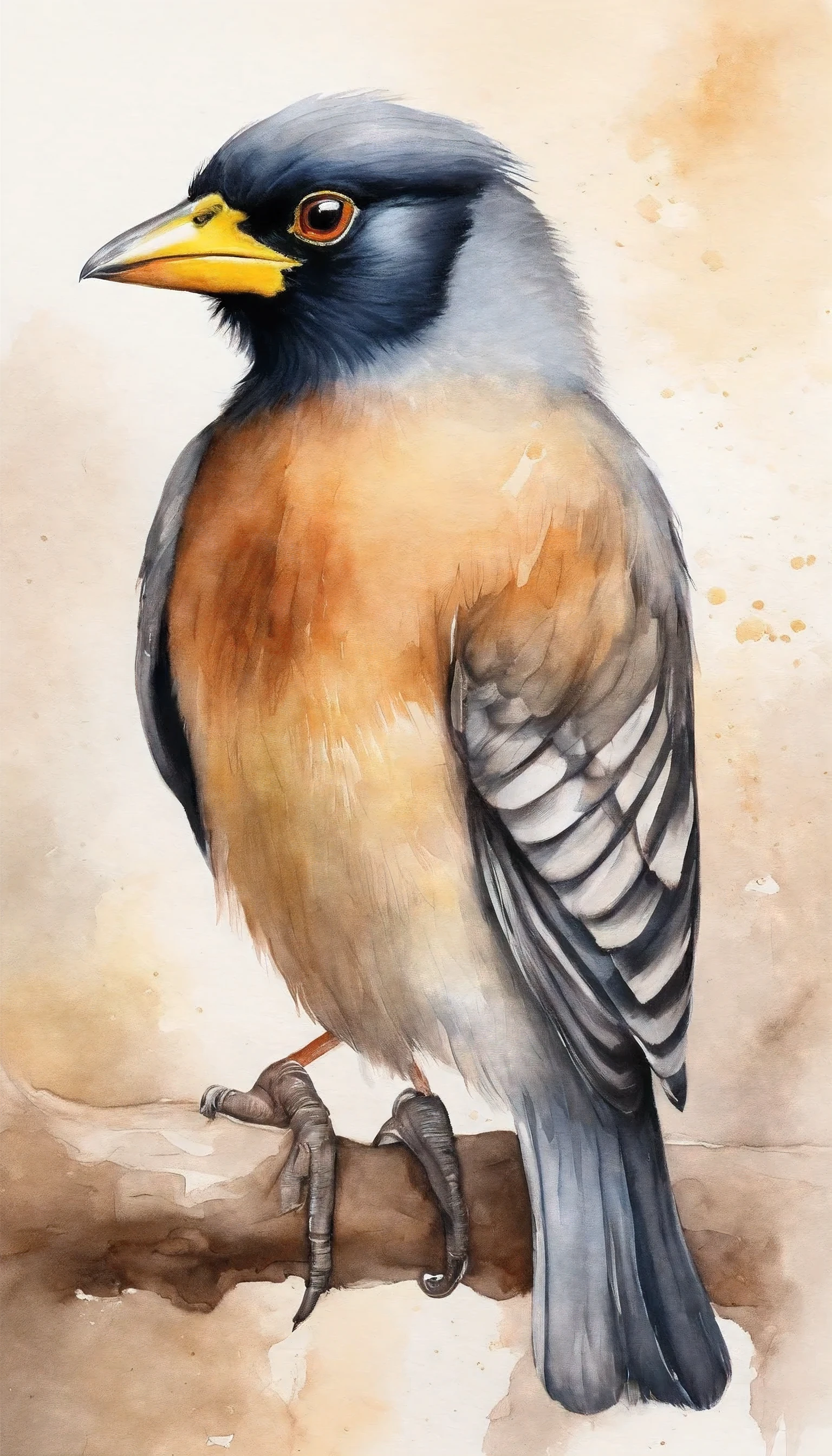 Close up, mynah bird, 4k, pastel colors, cute, white background, high details, professional photography, photorealistic, hand drawn, pastel lines