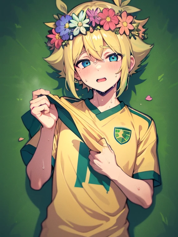 (best quality,4k,8k,highres,masterpiece:1.2),ultra-detailed,cute,blonde-haired boy with a head flower,green-haired boy with a head wreath, sweat, playing soccer, soccer uniform