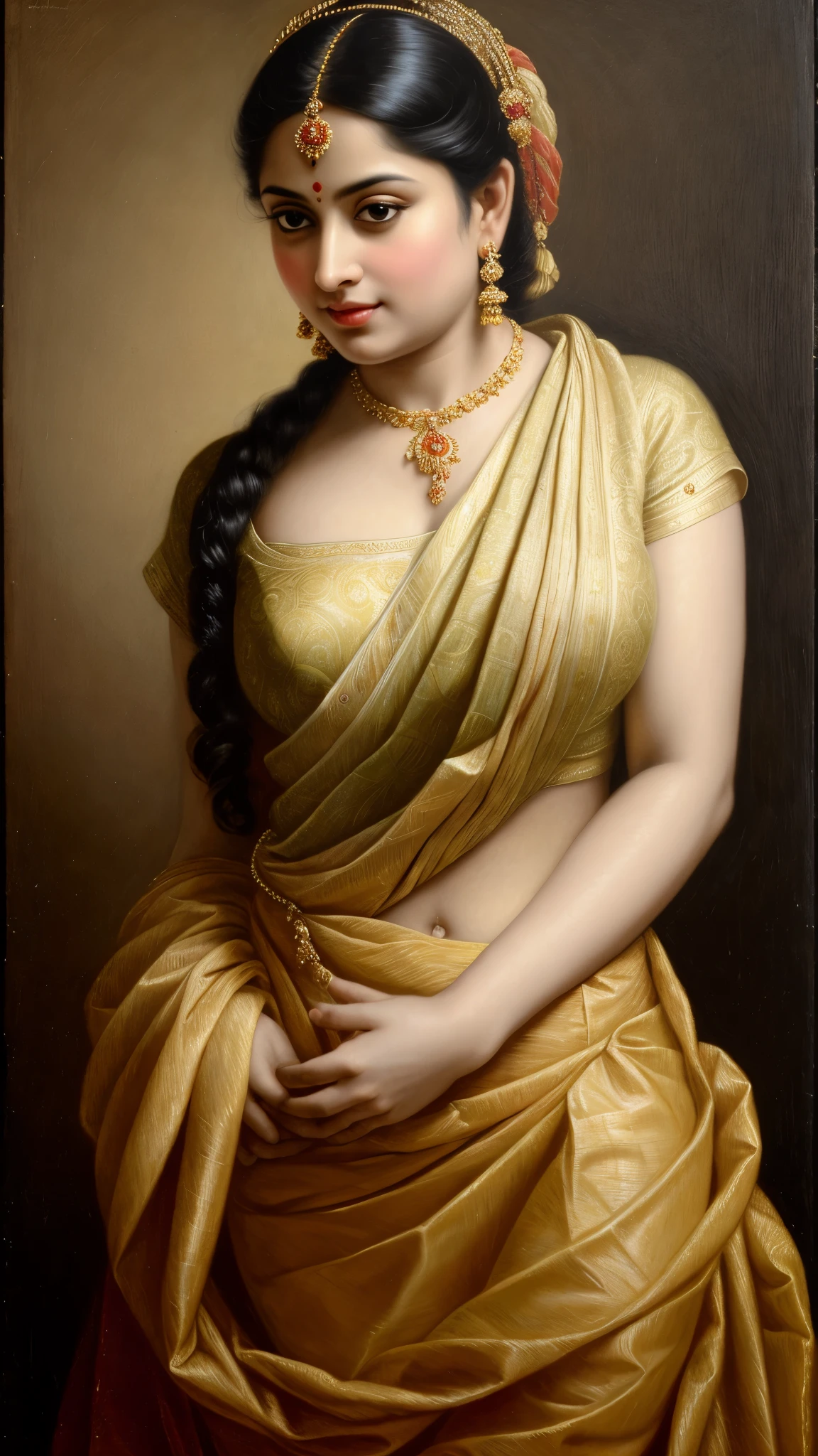 Topless woman in a gold sari posing for a picture, (nude detailed breasts:1.4), wearing gold jewellery, showing her naked bosom, indian super model, traditional beauty, Erotic girl with dark complexion, draped in silky gold, indian goddess, wearing elegant jewellery, elegant seducing pose, stunning elegant pose, armpit, elegant seductive pose, inspired by Raja Ravi Varma, heavy gold jewellery, very attractive and beautiful