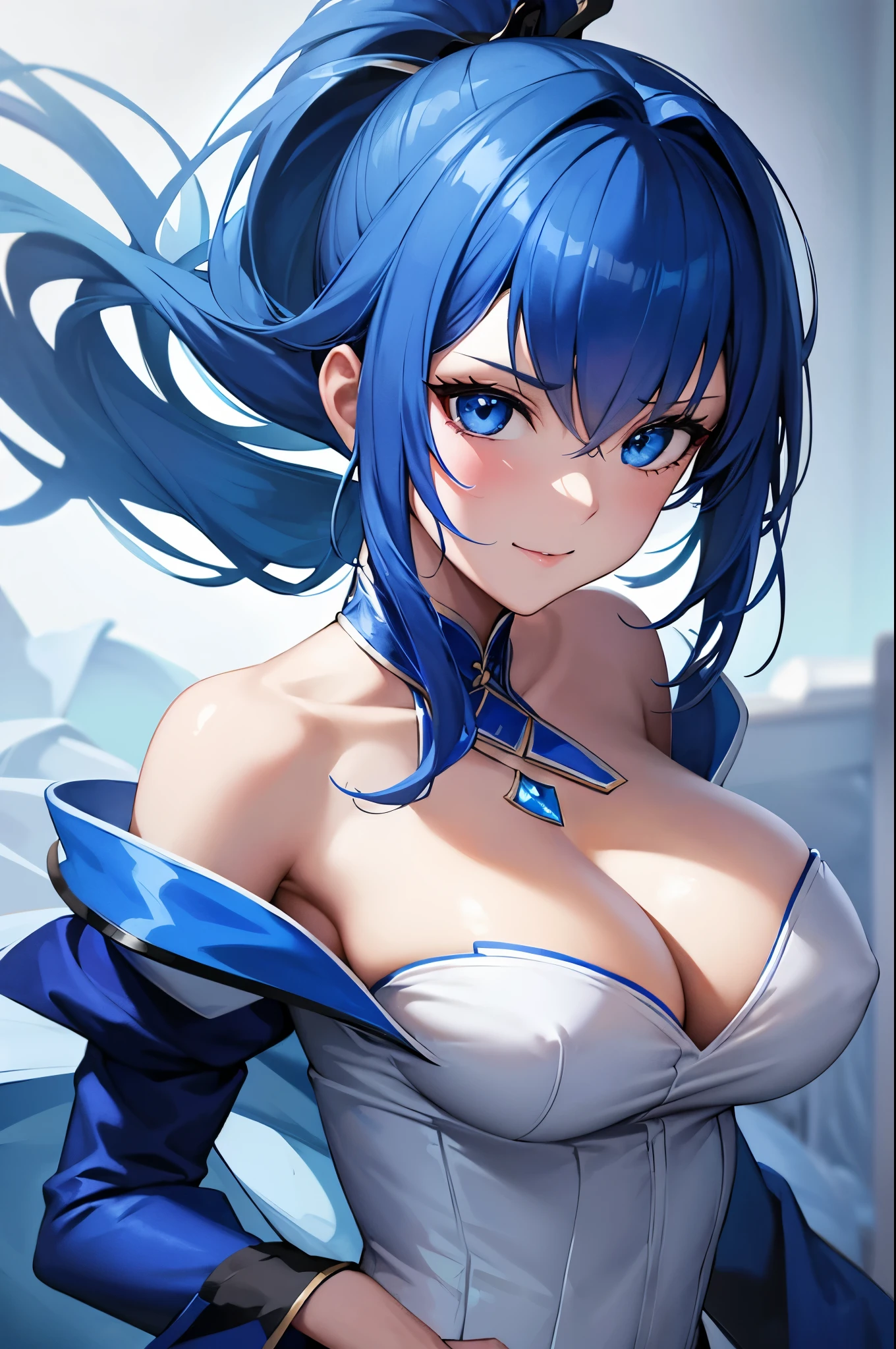 8k,Close-up of a woman in a blue and white dress,Blue Hair, so beautiful,(Like the real thing)blue eyes,ponytail,Pan Zhenwei Art Station、 Jean J..、 Detailed fantasy art、Amazing character art、 Fan Art Best Art Station、 Incredibly detailed character art、Highly detailed artwork、 Detailed digital animation art、 ArtStation Pixiv の Artgerm、 Girl dressed in blue and white,Dynamic Angle,Ultra-high resolution,Laughter,Like the real thing見える肌,Charm,sexy,Active,