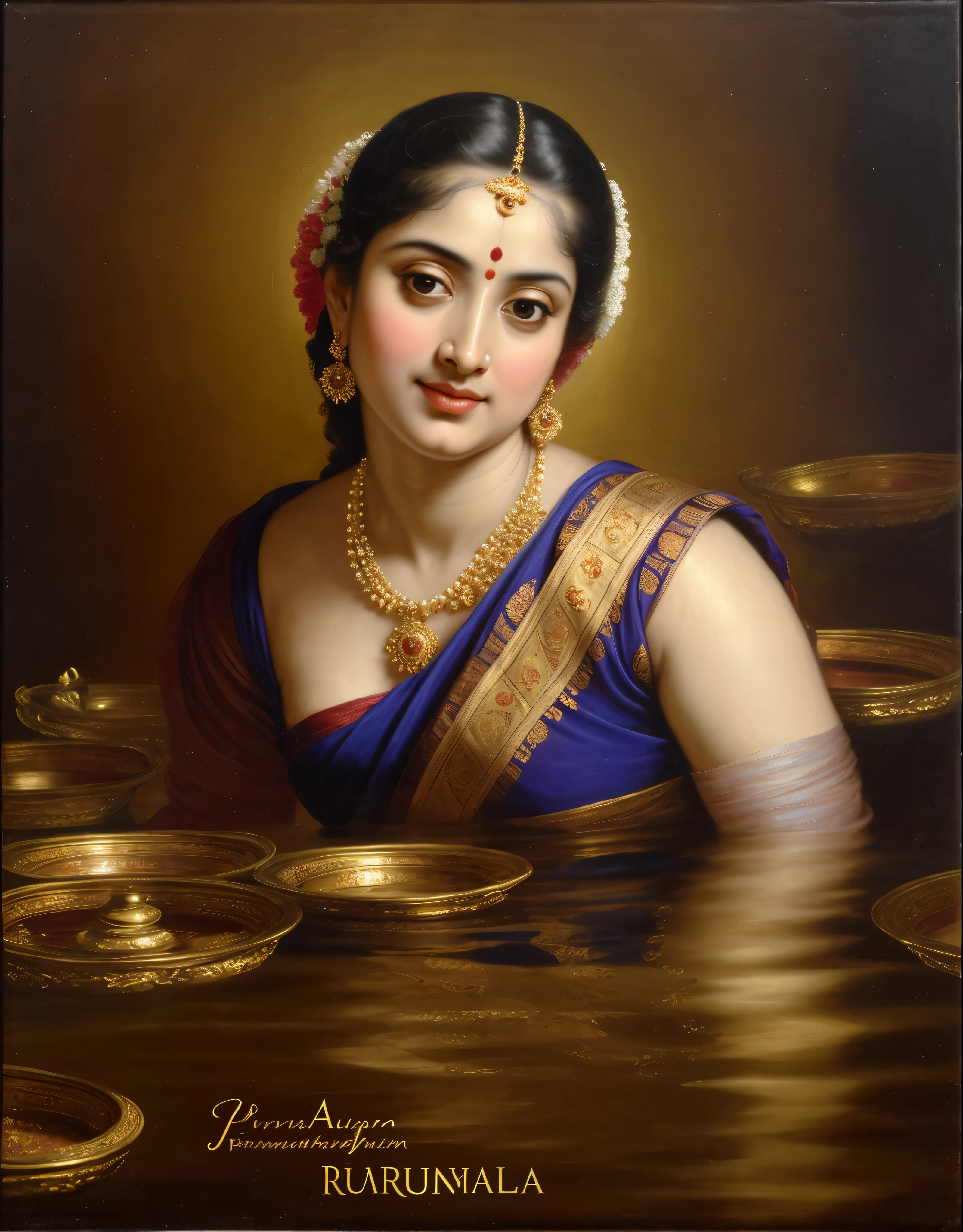 Beautiful Indian Woman, wearing saree, sari Beauty, gorgeous, Apsara, Maharani, royal queen woman, nymph from Hindu Mythology, Urvashi, matchless beauty, Highly detailed, Oil Painting by Peter Paul Rubens inspired by Raja Ravi Varma, Matchless beauty, captivating, gorgeous, heavenly beauty, celestial beauty, by Peter Paul Rubens, 13, realistic, hyper realistic, micro details, incredible artwork, insane details, ultra High resolution, 8k, 32k, acrylic on canvas, intricate, flawless, detailed, detailed face, detailed eyes, masterpiece, by Peter Paul Rubens, by Caravaggio, by William Adolphe bouguereau, perfect face, perfect body, beautiful art, realism, baroque, renaissance Art, highly textured, beautiful and detailed eyes, uhd, best quality,
