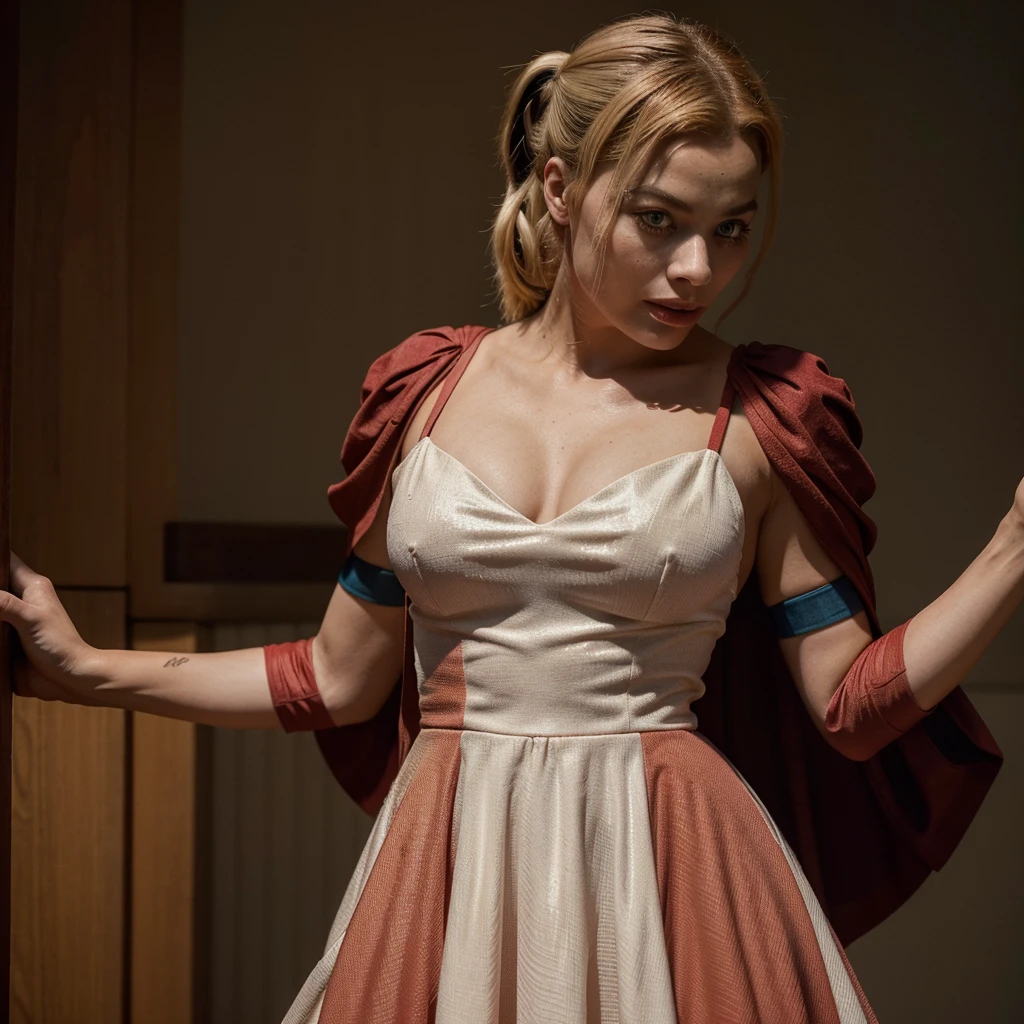 Margot Robbie harley quinn, bunda grande, de vestido vermelho colado, image with great quality and detail 