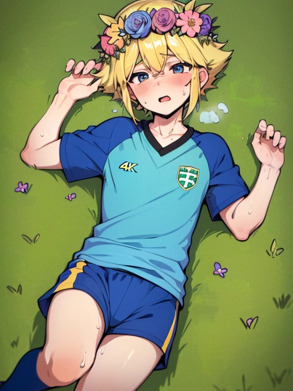 (best quality,4k,8k,highres,masterpiece:1.2),ultra-detailed,cute,blonde-haired boy with a head flower,green-haired boy with a head wreath, sweat, playing soccer, soccer uniform, blush