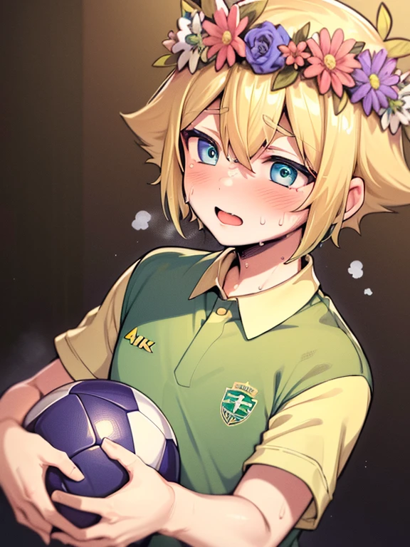 (best quality,4k,8k,highres,masterpiece:1.2),ultra-detailed,cute,blonde-haired boy with a head flower,green-haired boy with a head wreath, sweat, playing soccer, soccer uniform, blush