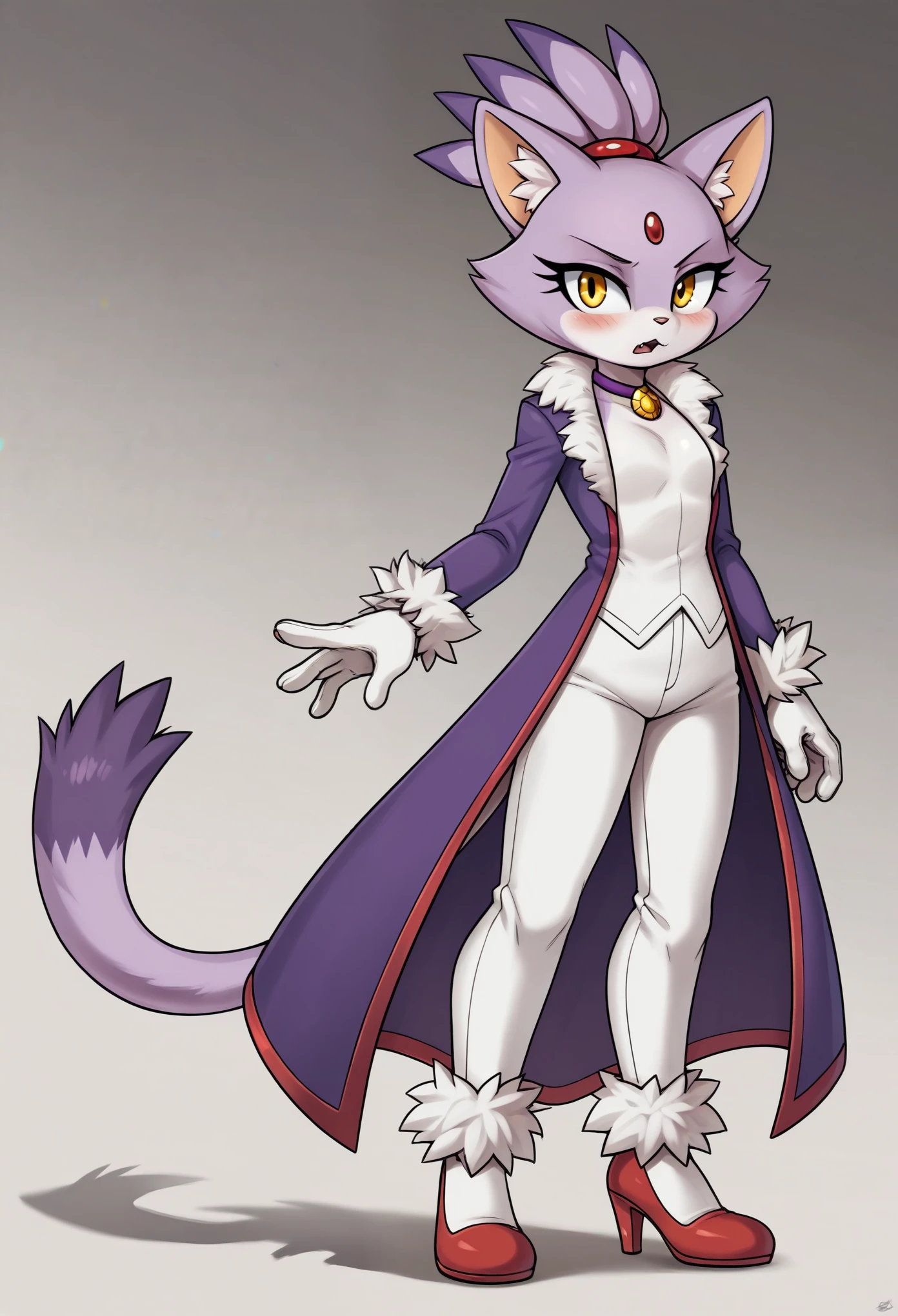 Blaze the cat, mouth open, 1girl, gloves, forehead_jewel, fur-trimmed_gloves, furry_female, solo, furry, animal_ears, simple_background, yellow_eyes, fur_trim, topknot, tail, high_heels, cat_girl, white_gloves, cat_ears, cat_tail, standing, full_body, flat_chest, purple_hair, fur-trimmed_footwear, black_background, multicolored_hair, arms_at_sides, white_pants, hair_tie, purple_coat, clenched_hands, looking_at_viewer, two-tone_hair, body_fur, pants, animal_nose, shoes, short_hair, coat, shiny, gem, red_footwear, long_sleeves, blush, leaning_foward, bent_over