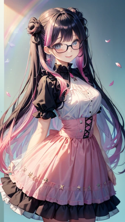 小さなgirl、Glasses、petal、Thick thighs、Big Ass、 (alone:1.5,)Very detailed,Bright colors, Very beautiful detailed anime faces and eyes, Look straight ahead, Shiny_skin,girl,(((long hair、Rainbow Hair, Colorful Hair, Half black、Half pink hair: 1.2))) 、Forehead is exposed.、Shiny hair, Delicate beautiful face, blush、(Turquoise Eyes), White skin, Valletta, Earrings,、blue flower field、(((See-through、Pink frilled dress with star pattern、、Black long skirt)))、Twin tails、smile、smile、Face dyed red