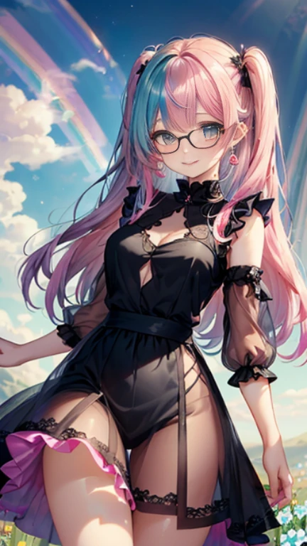 小さなgirl、Glasses、petal、Thick thighs、Big Ass、 (alone:1.5,)Very detailed,Bright colors, Very beautiful detailed anime faces and eyes, Look straight ahead, Shiny_skin,girl,(((long hair、Rainbow Hair, Colorful Hair, Half black、Half pink hair: 1.2))) 、Forehead is exposed.、Shiny hair, Delicate beautiful face, blush、(Turquoise Eyes), White skin, Valletta, Earrings,、blue flower field、(((See-through、Pink frilled dress with star pattern、、Black long skirt)))、Twin tails、smile、smile、Face dyed red
