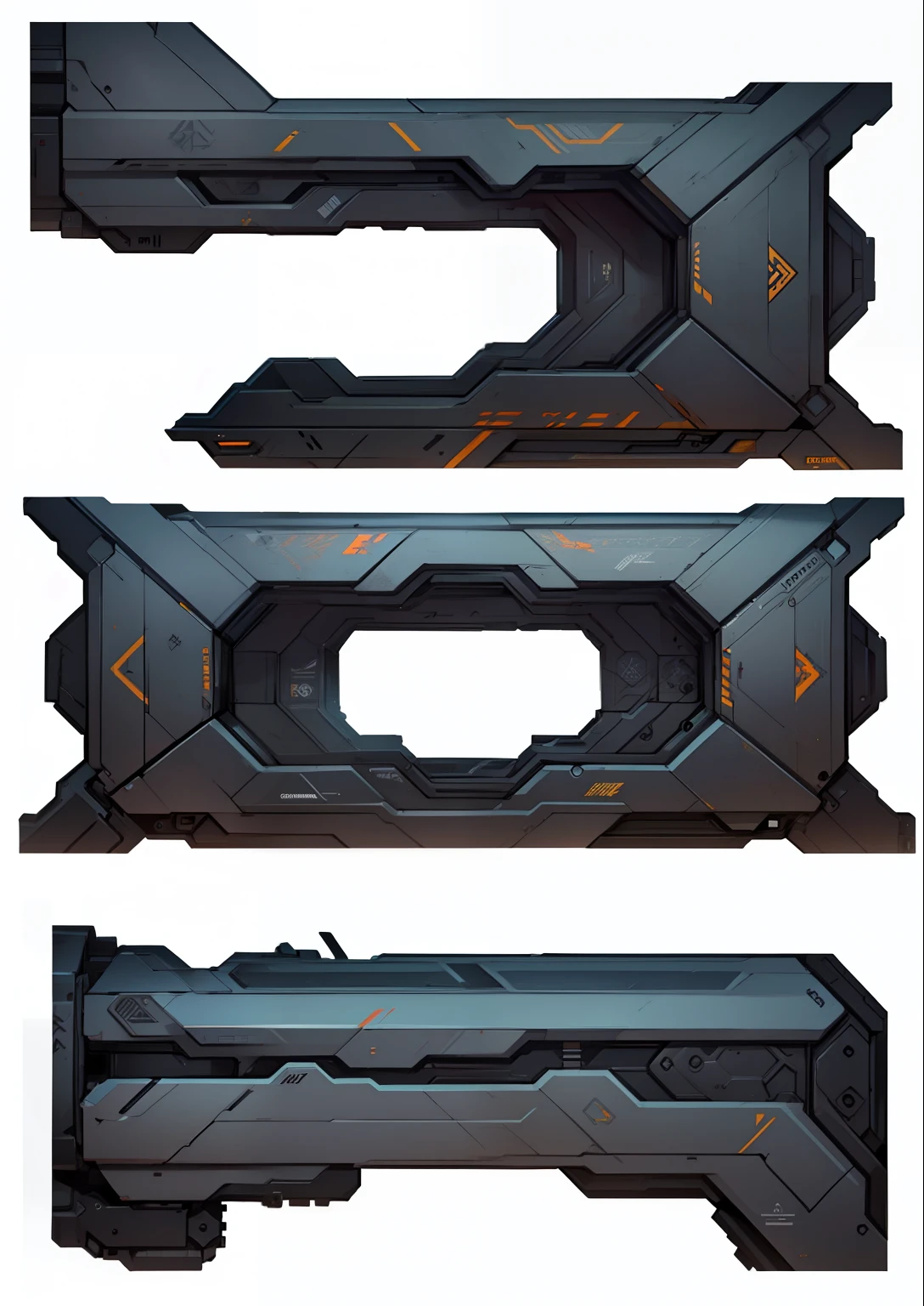 a set of three different views of a futuristic weapon, arte conceitualwork, hard edges arte conceitual, high detail arte conceitual, projeto de arma, Projetos de conceito de armamento, weapon arte conceitual, expert high detail arte conceitual, konami arte conceitual, arte conceitual, arte conceitual, arte conceituals, ultra detailed arte conceitual, high quality arte conceitual, fps game arte conceitual, weapons arte conceitual