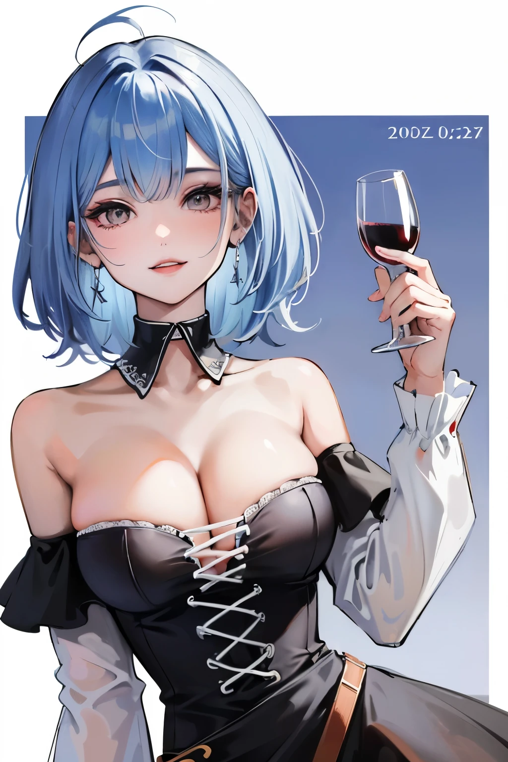 ((Masterpiece)),((High quality)),((High resolution)),((Extremely accurate and detailed representation of the human body)), A woman. Sideways slanting pose. Smug smile. Bob hairstyle. Holding a wine glass. Black off-shoulder dress. Large bust. Collar. Cleavage revealing. Waist shot. Individual.