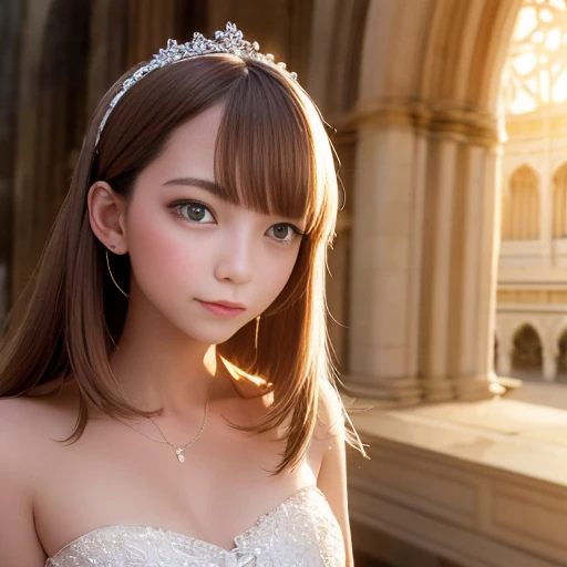 There's only one girl, very pretty, Nice face, Fine grain, LOL, Thin clavicle, Medium Chest, make her sit, Cute Teen, sweet, Sun glare, Conservative dress, Wedding dress, Bridal Tiara, Bridal Veil, bouquet, Depth of written boundary, blurred background, with a cathedral background, Particles of light, Strong winds, Tilt your head, Recall, Long Hair