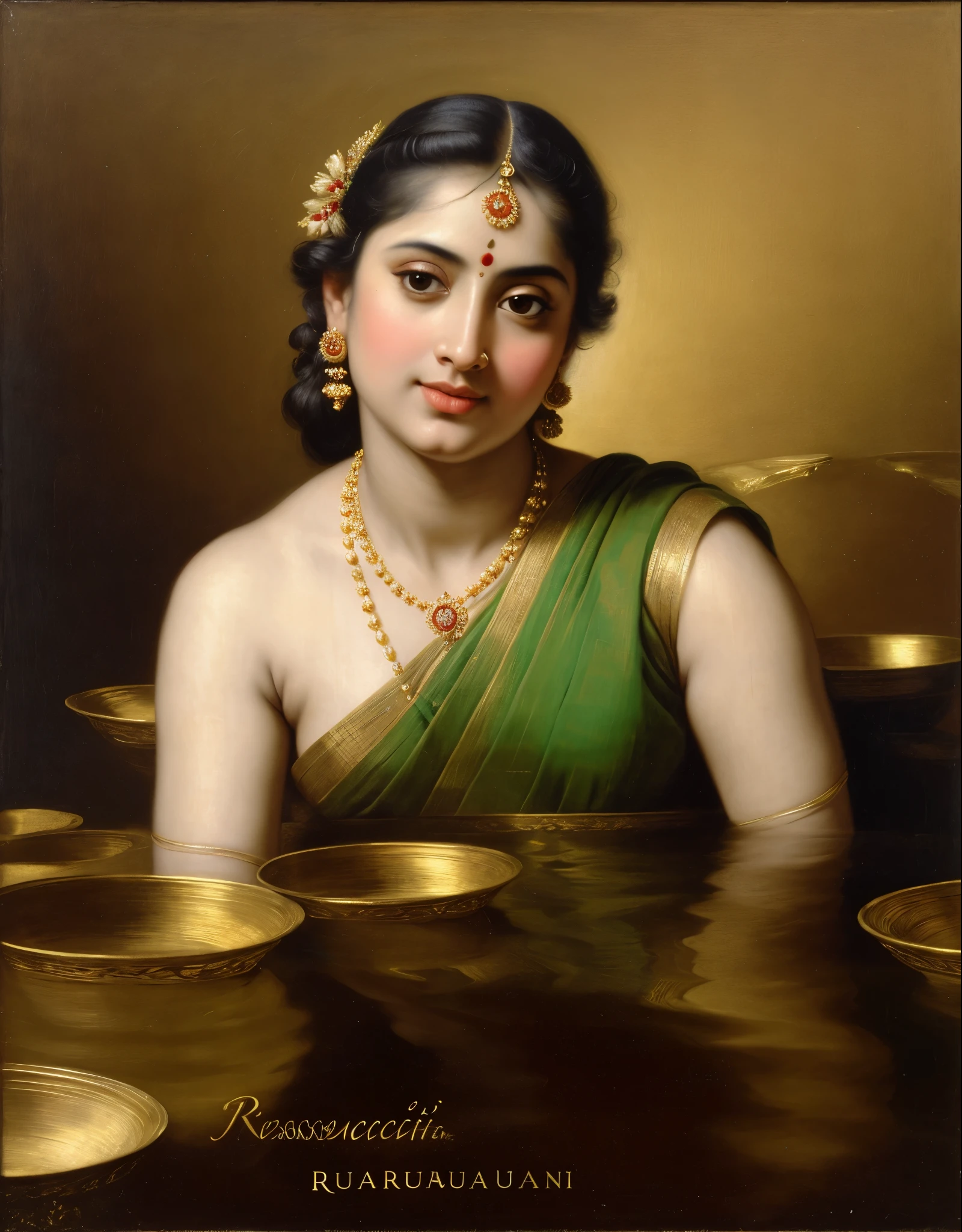 Beautiful Indian Woman, wearing saree, sari Beauty, gorgeous, Apsara, Maharani, royal queen woman, nymph from Hindu Mythology, Urvashi, matchless beauty, Highly detailed, Oil Painting by Peter Paul Rubens inspired by Raja Ravi Varma, Matchless beauty, captivating, gorgeous, heavenly beauty, celestial beauty, by Peter Paul Rubens, 13, realistic, hyper realistic, micro details, incredible artwork, insane details, ultra High resolution, 8k, 32k, acrylic on canvas, intricate, flawless, detailed, detailed face, detailed eyes, masterpiece, by Peter Paul Rubens, by Caravaggio, by William Adolphe bouguereau, perfect face, perfect body, beautiful art, realism, baroque, renaissance Art, highly textured, beautiful and detailed eyes, uhd, best quality,
