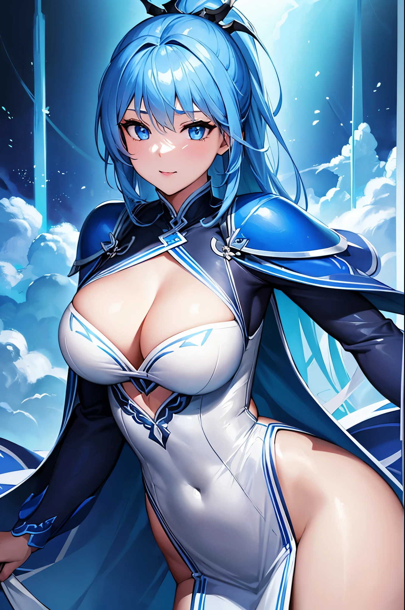 8k,Close-up of a woman in a blue and white dress,Blue Hair, so beautiful,(Like the real thing)blue eyes,ponytail,Pan Zhenwei Art Station、 Jean J..、 Detailed fantasy art、Amazing character art、 Fan Art Best Art Station、 Incredibly detailed character art、Highly detailed artwork、 Detailed digital animation art、 ArtStation Pixiv の Artgerm、 Girl dressed in blue and white,Dynamic Angle,Ultra-high resolution,Laughter,Like the real thing見える肌,Charm,sexy,Active,