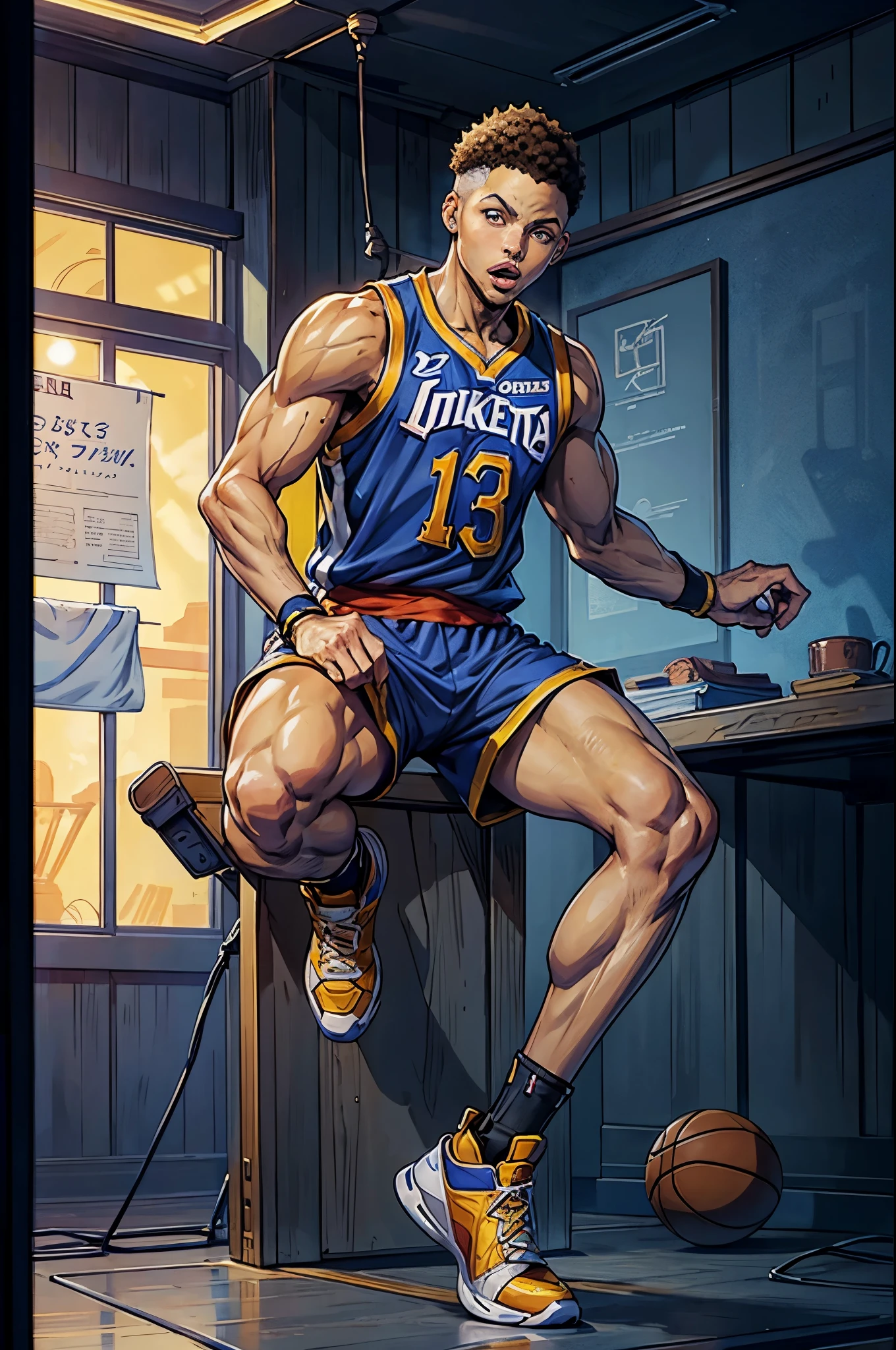 Stephen Curry, NBA player, full body, anime style: Masterpiece, best quality, 4K, anime rendition, Stephen Curry:1.2, NBA star, basketball player, muscular physique, anime character:1.2, Anime Stephen Curry, detailed body, chiseled muscles, dynamic pose:1.2, Detailed facial features, piercing gaze, anime-inspired expression:1.2, Sharp features, hyperrealistic eyes, expressive eyebrows:1.2, Authentic NBA jersey, Basketball shorts, anime style clothing:1.2, Anime Curry, signature sneakers, fluid movement,
