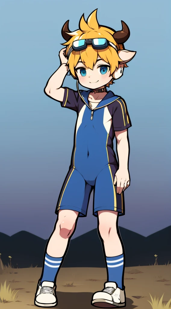 Two-dimensional boy，One-piece mountaineering suit，horn，cow ears，Put the headphones on your head，stand up，goggles，sports shoes，Slim，Smile，Sailor collar，Knee socks，Short sleeve，Leg ring