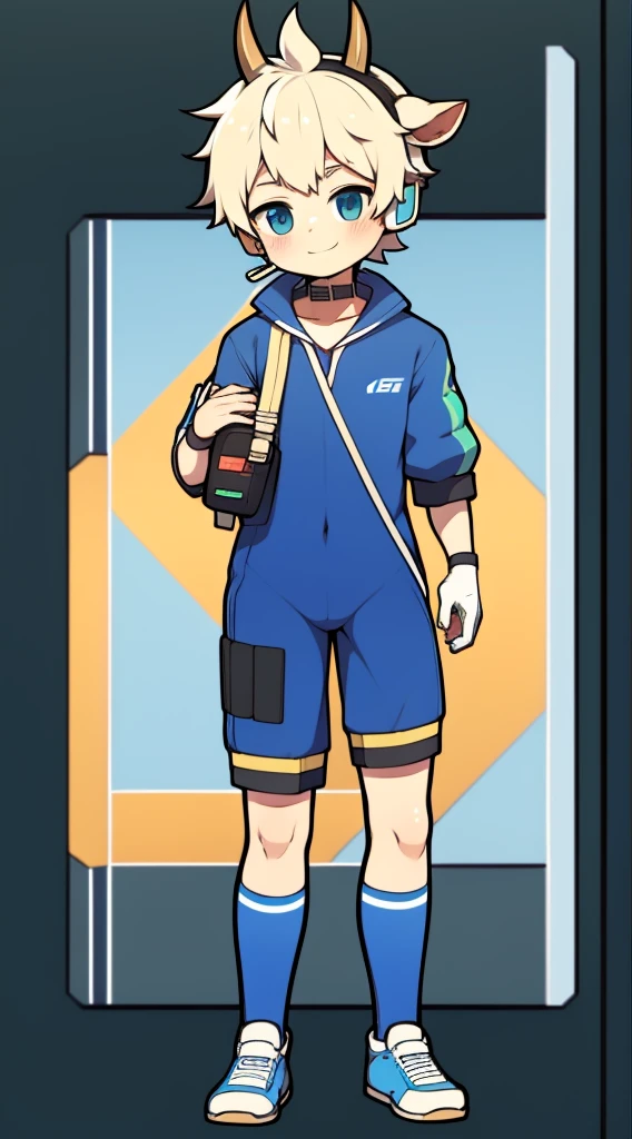 Two-dimensional boy,One-piece mountaineering suit,horn,cow ears,Put the headphones on your head,stand up,goggles,sports shoes,Slim,Smile,Sailor collar,Knee socks,Short sleeve,Leg ring
