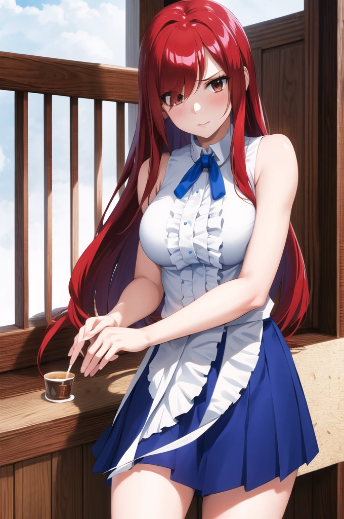 masterpiece, best quality, highres, fairy tail, 1girl, long hair, red hair, brown eyes, neck ribbon, bare shoulders, white shirt, sleeveless, center frills, blue skirt, hair over one eye, town, leaning forward, hand on own knee, standing