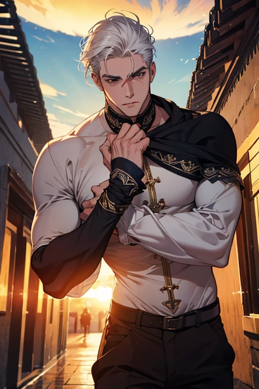 ((obra de arte:1.2, melhor qualidade)), 4K, adulto, Rosto europeu, 1 homem, macho, maduro, envelheceu, bonito, muito alto, muscles, ombros largos, roupas casuais escuras, Pele branca, medium white hair, olhos azuis, retrato, sunset, casa antiga com macieiras.