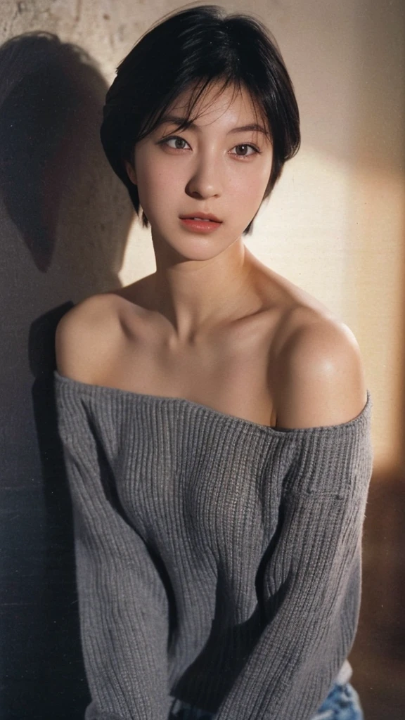 highest quality, masterpiece, ultra high resolution, (realistic:1.5), RAW photo, , off shoulder, in the dark, deep shadow, discreet key, cold light, identical twin sisters sexy appearance, short hair looking at camera、catch light