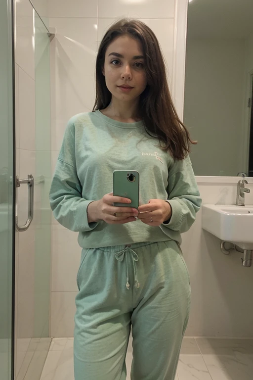 A photo in front of the bathroom with an iPhone13 Pro Max transparent case, con sudadera verde menta y pantalones, con una tableta mostrando la hora de hoy, 20 de abril del 2024