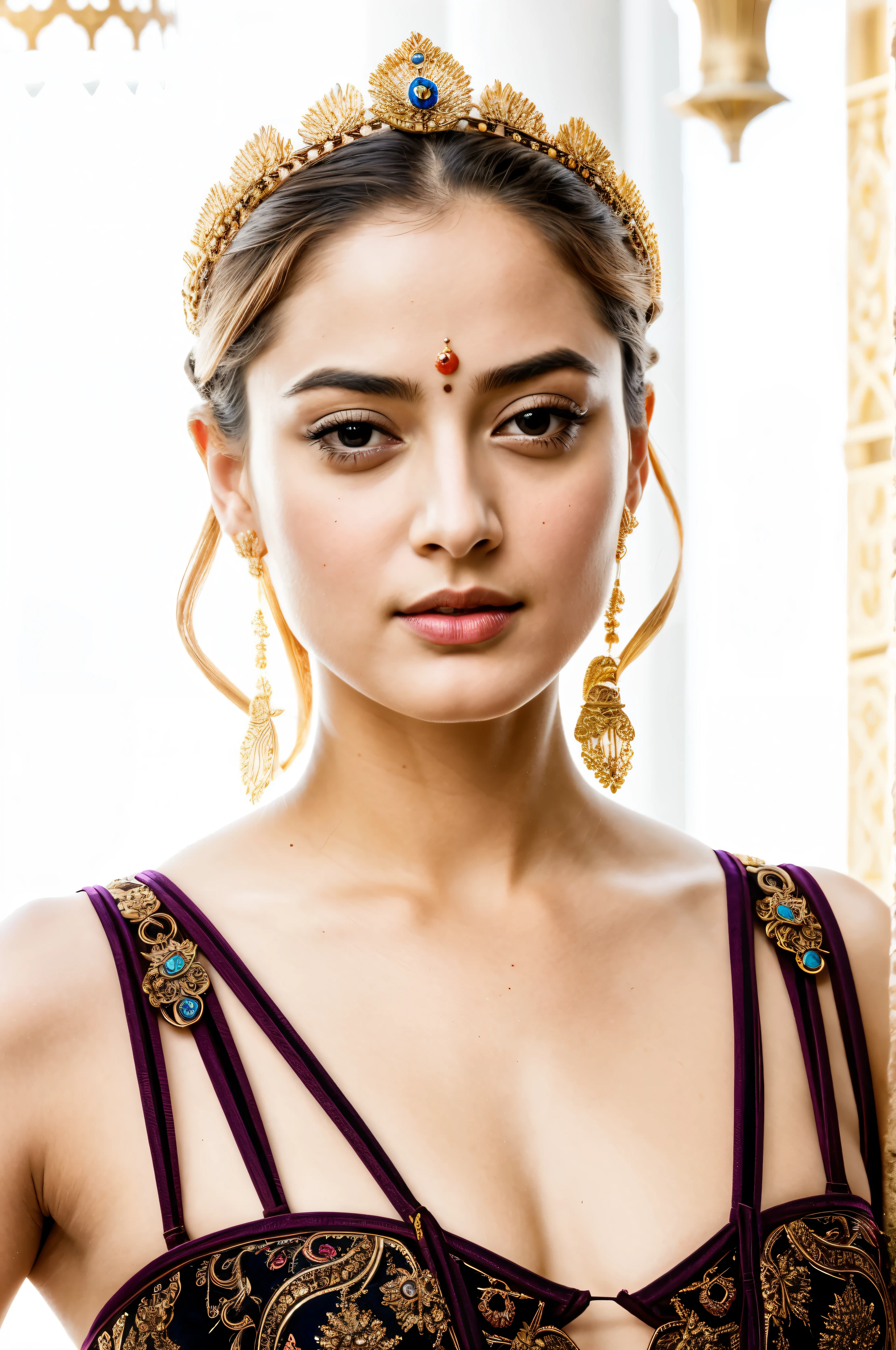 Looks like Sandeepa Dhar, "Design an illustration of a stunning and powerful warrior queen with a regal presence. She should possess a combination of strength and grace. Imagine her in ornate, yet practical armor that complements her figure. The armor should be adorned with intricate details and symbols representing her royal lineage and warrior prowess. Her weapon of choice could be a unique and elegant sword or a mythical weapon that reflects her status as a formidable leader.
Her facial features should exude confidence and determination, with piercing eyes that convey both fierceness and wisdom. The queen's hair, whether long or short, should flow dynamically, hinting at her movement in battle. Consider incorporating elements that emphasize her connection to nature or a mythical realm, such as ethereal backgrounds, symbolic animals, or mystical symbols.
Pay attention to the color palette; use rich, bold colors that enhance her royal aura. Experiment with lighting to highlight specific details and create a sense of drama. Ensure that her posture and expression capture the essence of a queen who commands respect and admiration. Feel free to draw inspiration from historical warrior queens or fictional characters, blending elements to create a unique and captivating image."