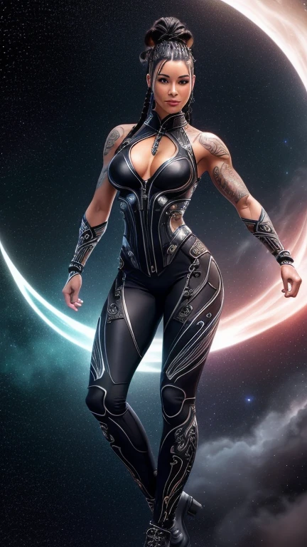 High-resolution ultra detailed photography and ultra detailed representation of the body and face of a 35 year old light-skinned woman with a muscular feminine figure, full body pose swinging dancing in a clearing at night and a starry sky looking into the camera, clothing biomechanical women's vest with zippers and a biomechanical leggings and biomechanical high Heels, clothes in ying and yang styles and colors, hairstyle braided mohawk haircut, bright colored Japanese large tattoos, Model has a tall height Full body, biomechanical Clothing 
