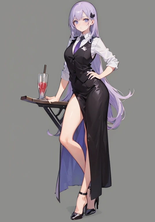((Perfect Face)),Purple Hair,Long Hair,1 female,bartender,Black vest,Shirt with rolled up sleeves,tie,slit,High heels,,((Simple Background)),smile,((whole body)),((whole body)),Portraiture,virtual,upright,,Standing upright with face and body facing forward,