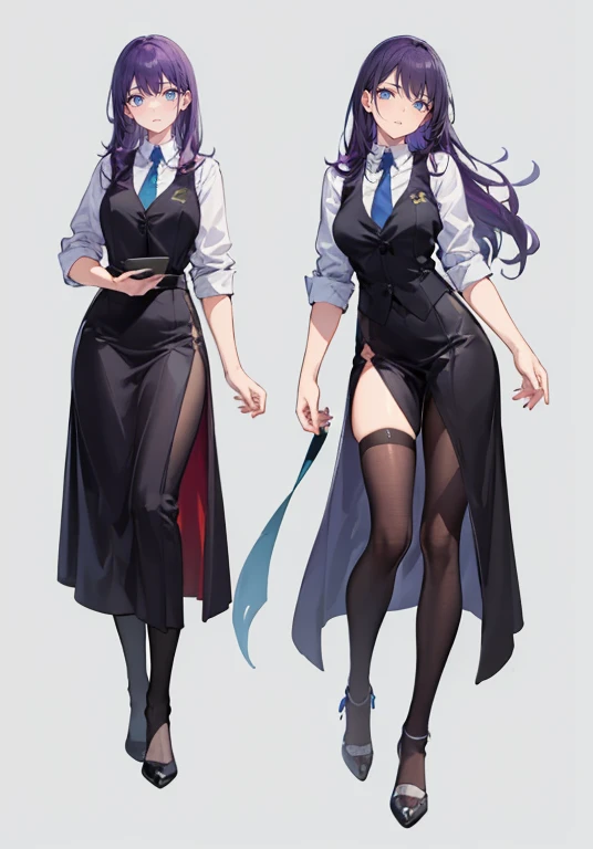 ((Perfect Face)),Purple Hair,Long Hair,1 female,bartender,Black vest,Shirt with rolled up sleeves,tie,slit,High heels,,((Simple Background)),smile,((whole body)),((whole body)),Portraiture,virtual,upright,,Standing upright with face and body facing forward,