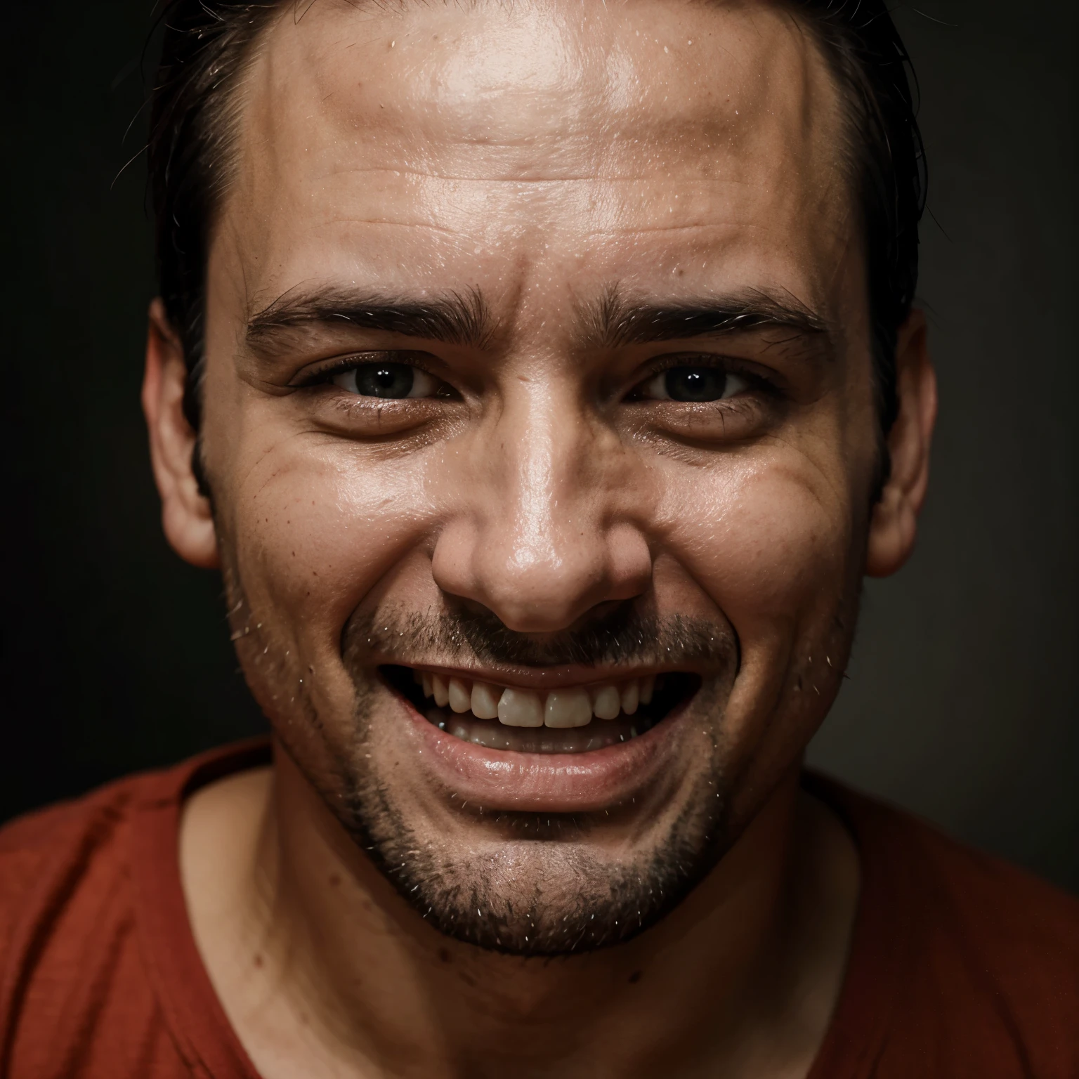 40 year old man with evil laugh rictus on his face, realista, fotografia