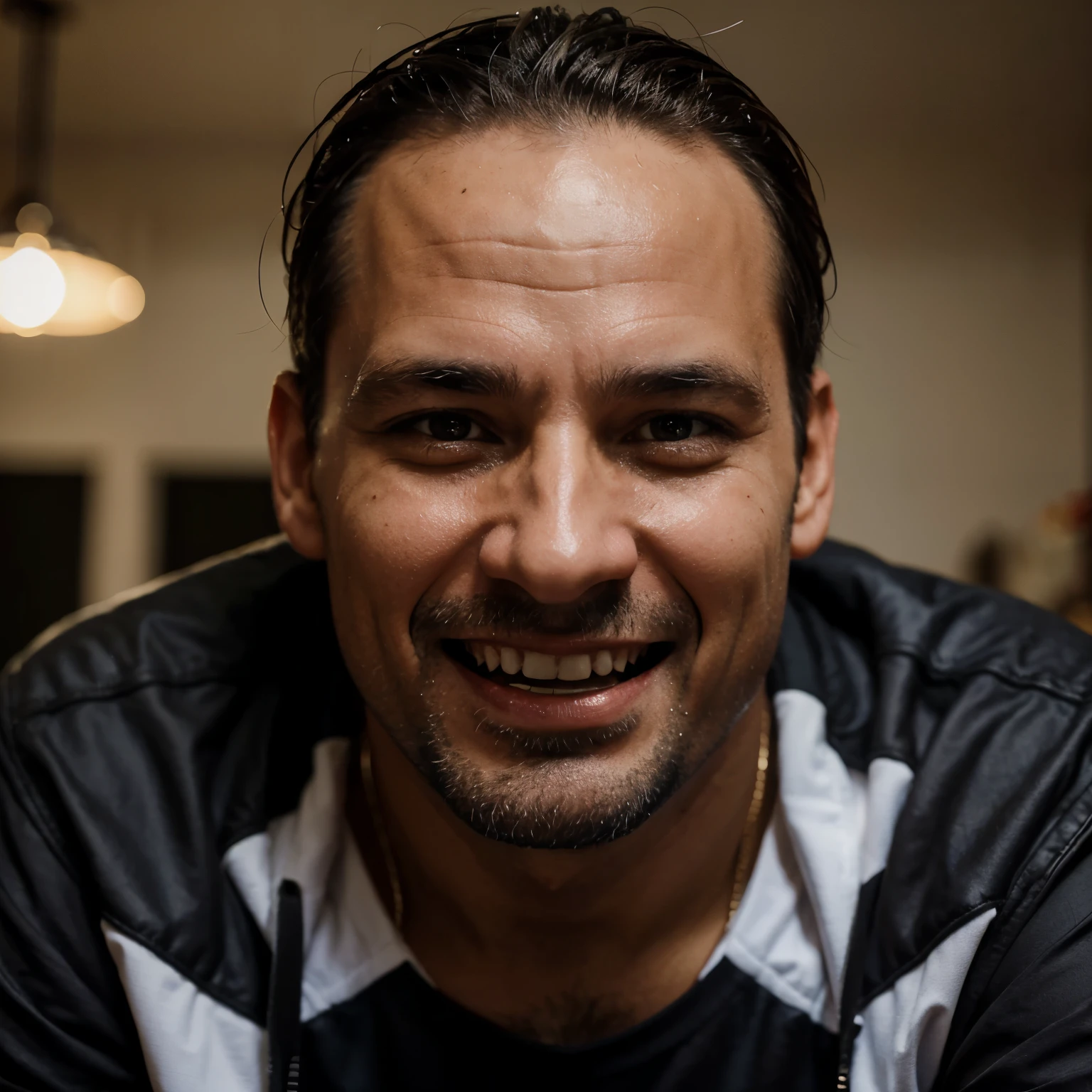 40 year old man with evil laugh rictus on his face, realista, fotografia