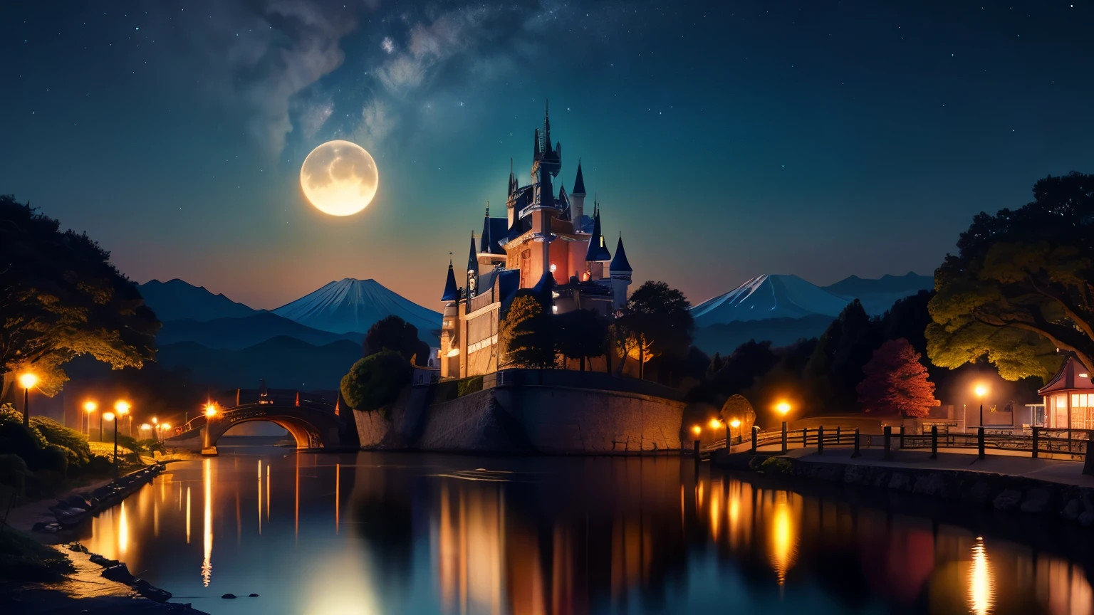 castillo disneyland japon, con el monte fuji a su derecha, luna llena en la esquina superior izquierda, fuegos artificiales en la esquina superior izquierda, y una laguna con arboles de cerezo 